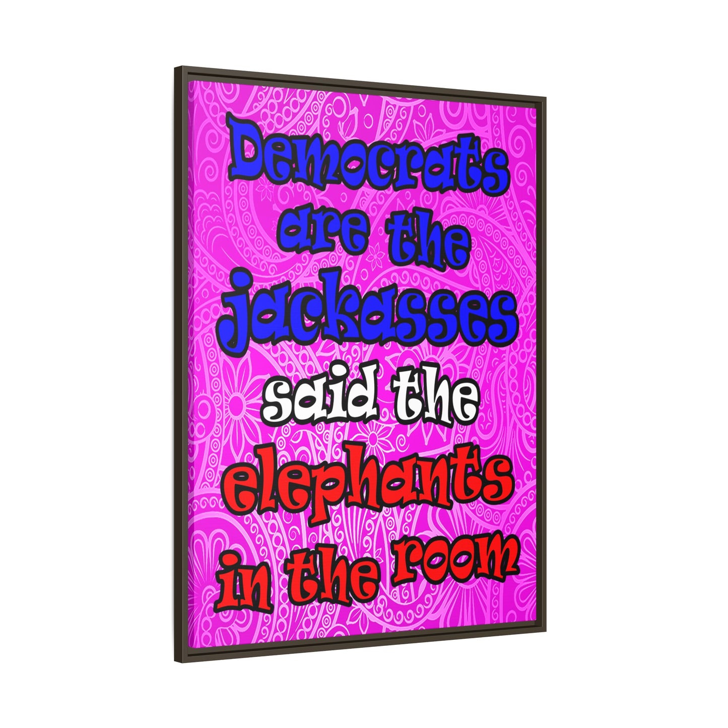 donkeys and elephants - framed canvas art (pink swirl)