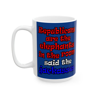 donkeys and elephants - White Mug (dark blue)