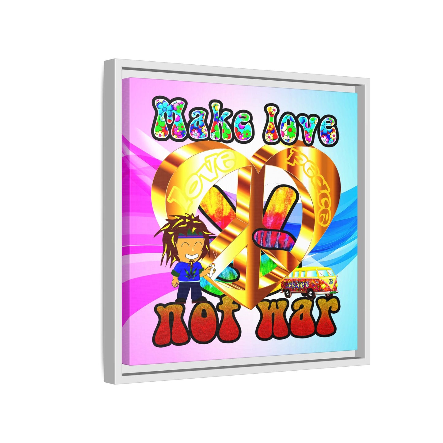 love peace - framed canvas art (light blue-pink wave)