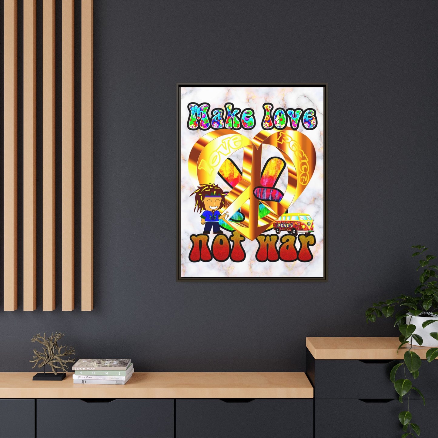 love peace - framed canvas art (white marble)