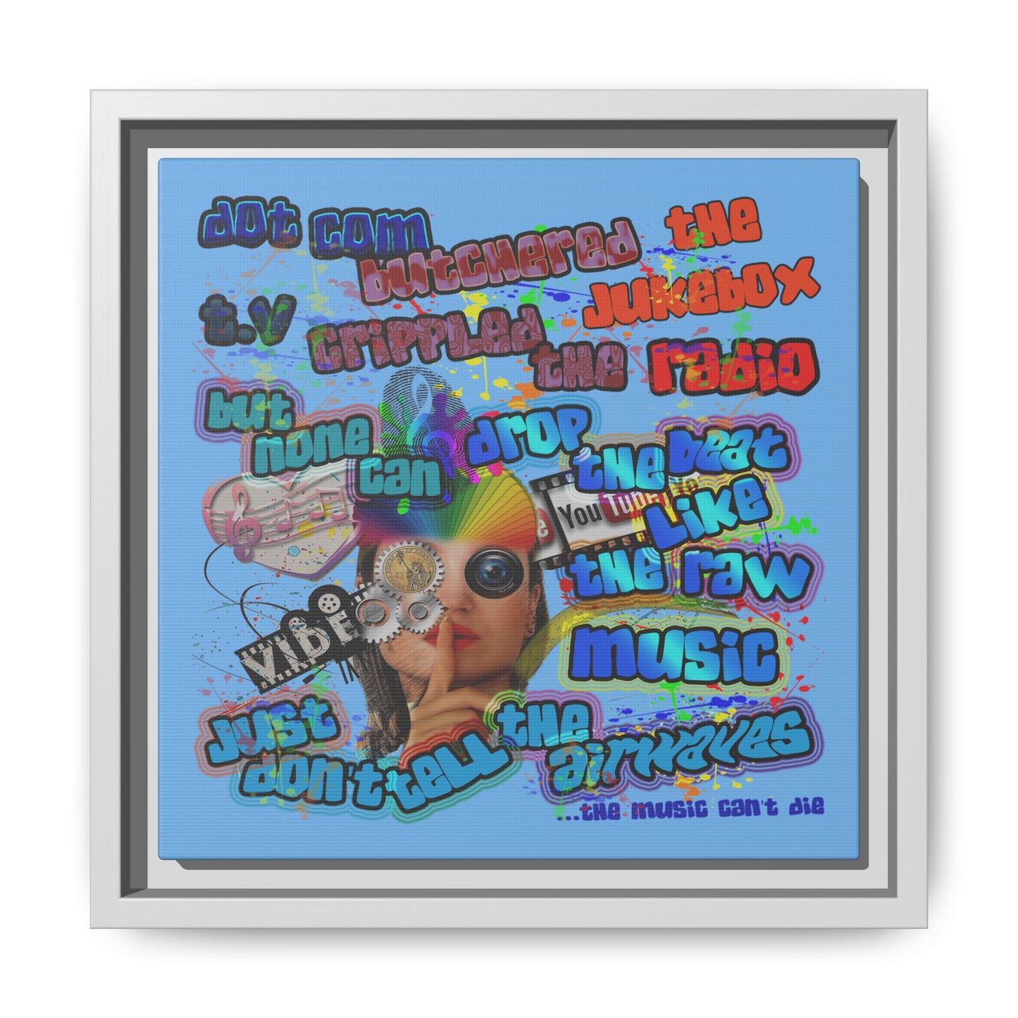 drop the beat - framed canvas art (light blue)