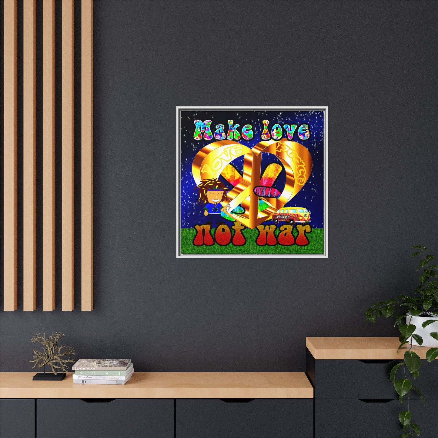 love peace - framed canvas art ('snoops' background)