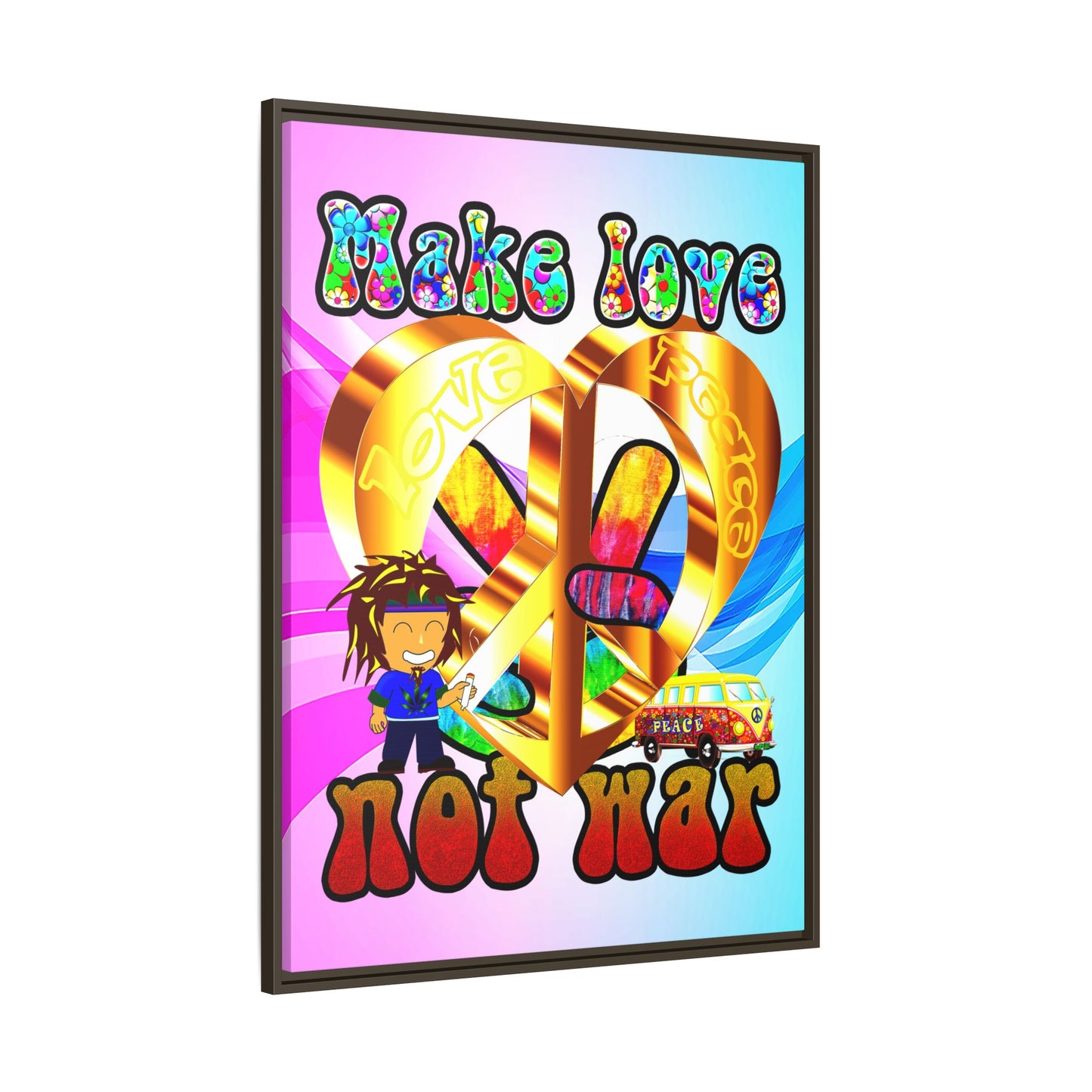 love peace - framed canvas art (light blue-pink wave)