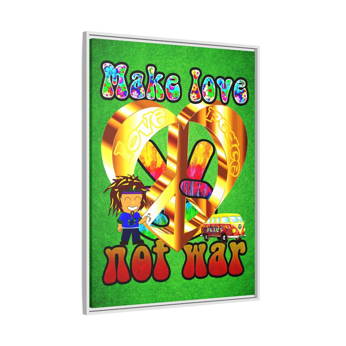 love peace - framed canvas art (green turf)