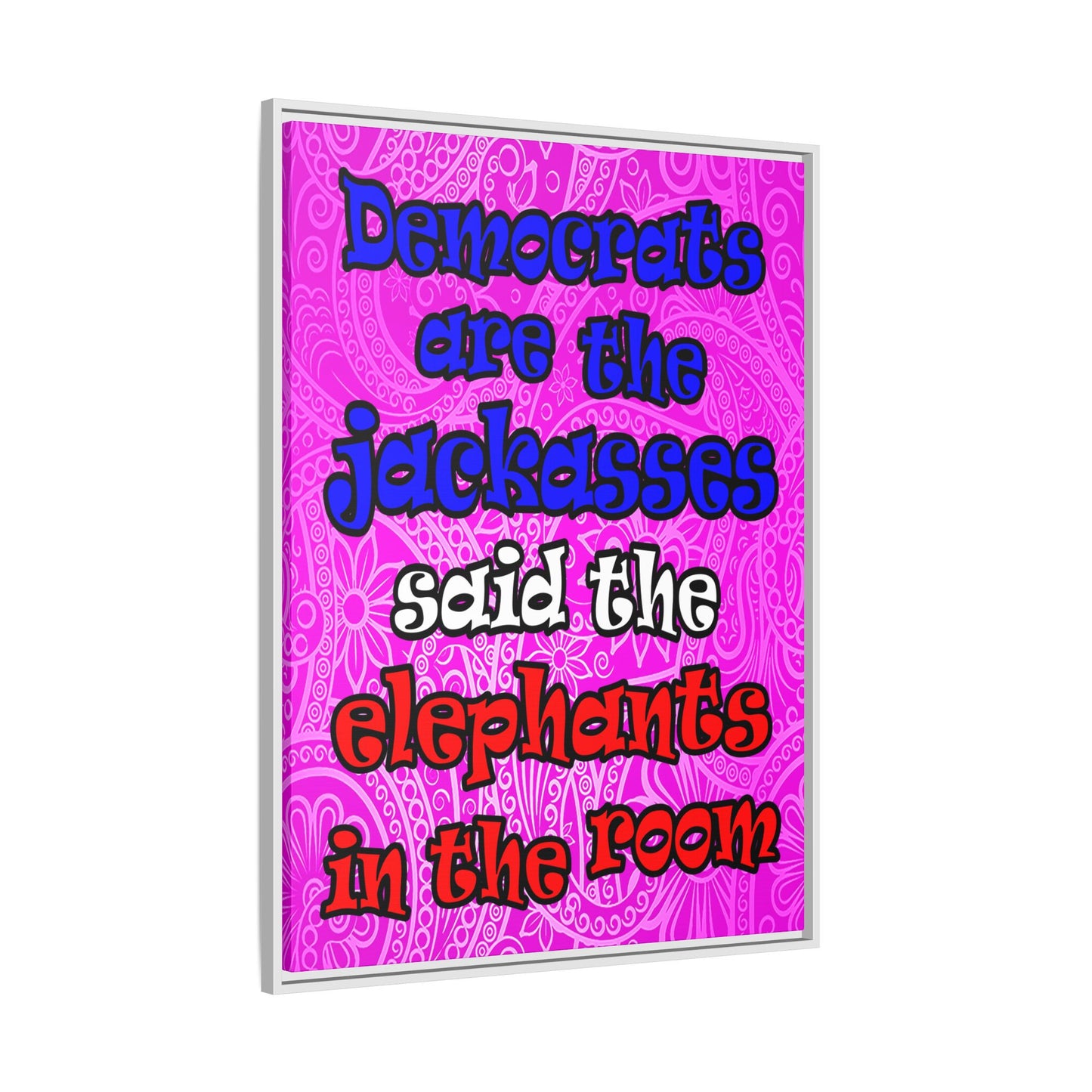 donkeys and elephants - framed canvas art (pink swirl)