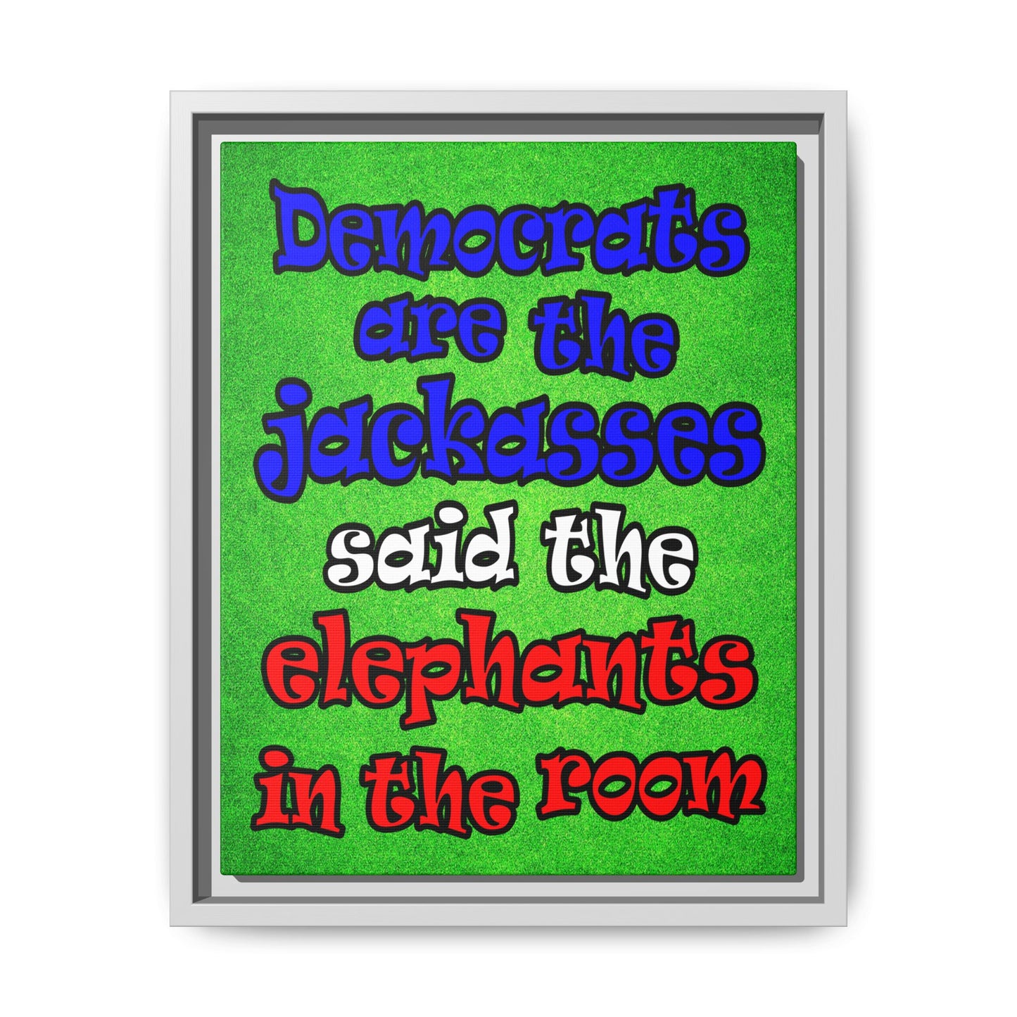 donkeys and elephants - framed canvas art (green turf)