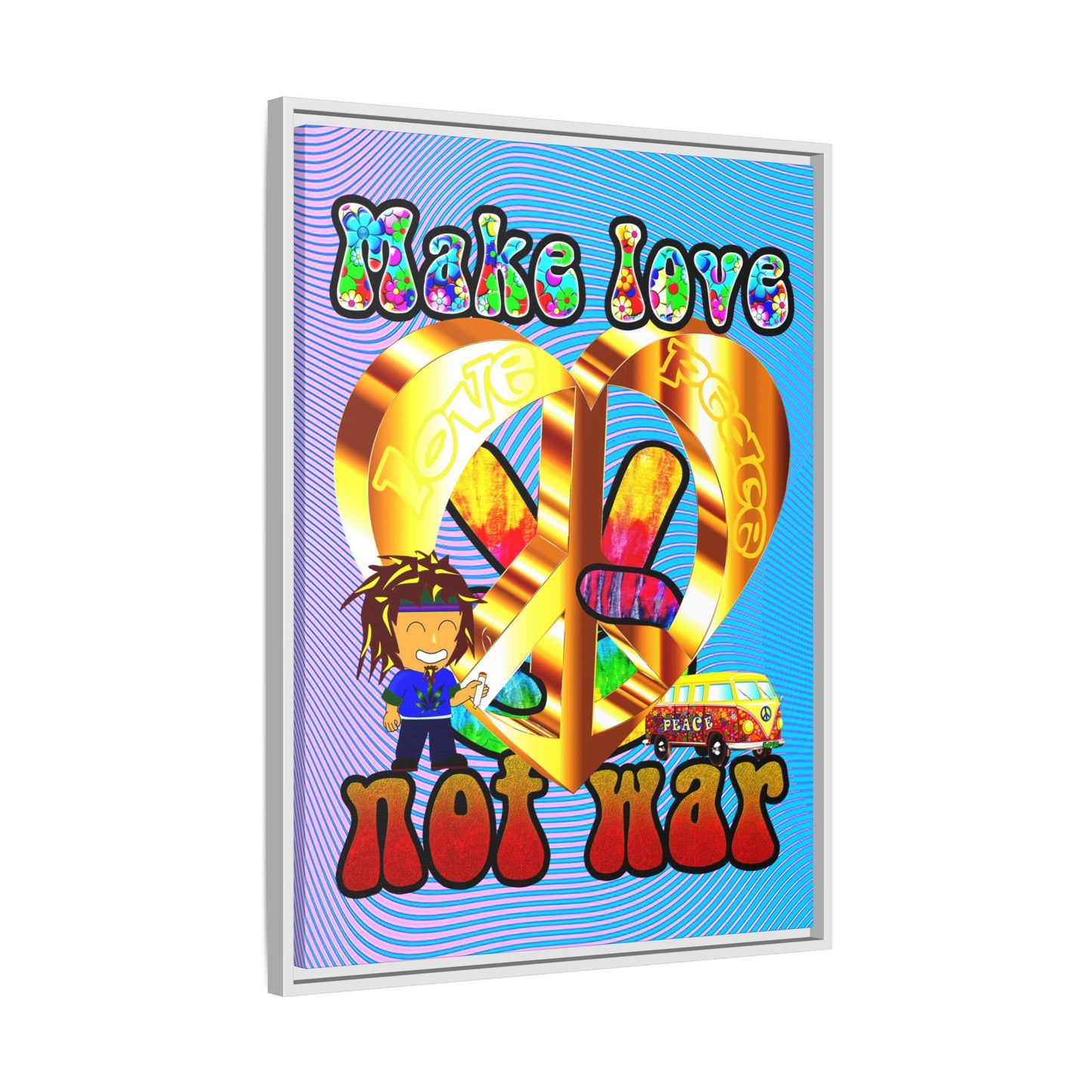 love peace - framed canvas art (light blue-purple wave)