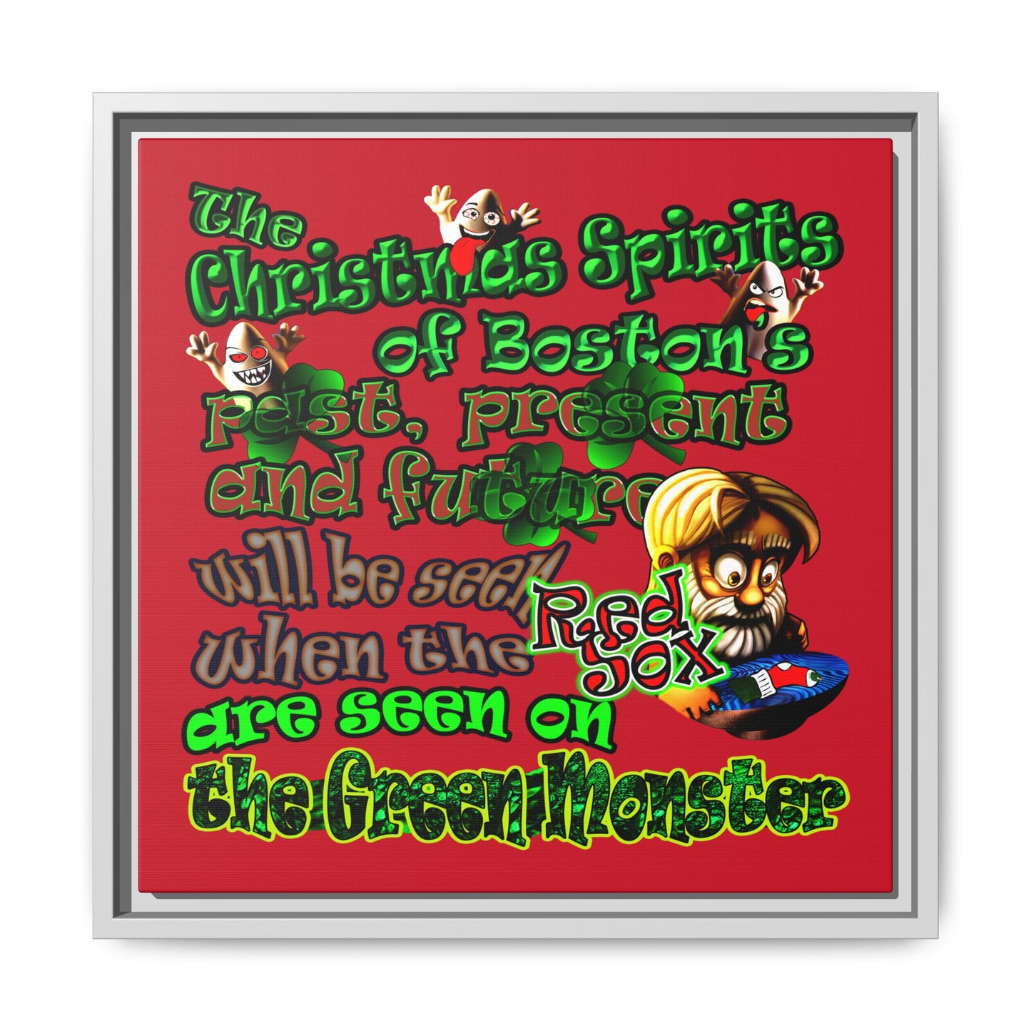 christmas spirits of boston - framed canvas art (dark red)