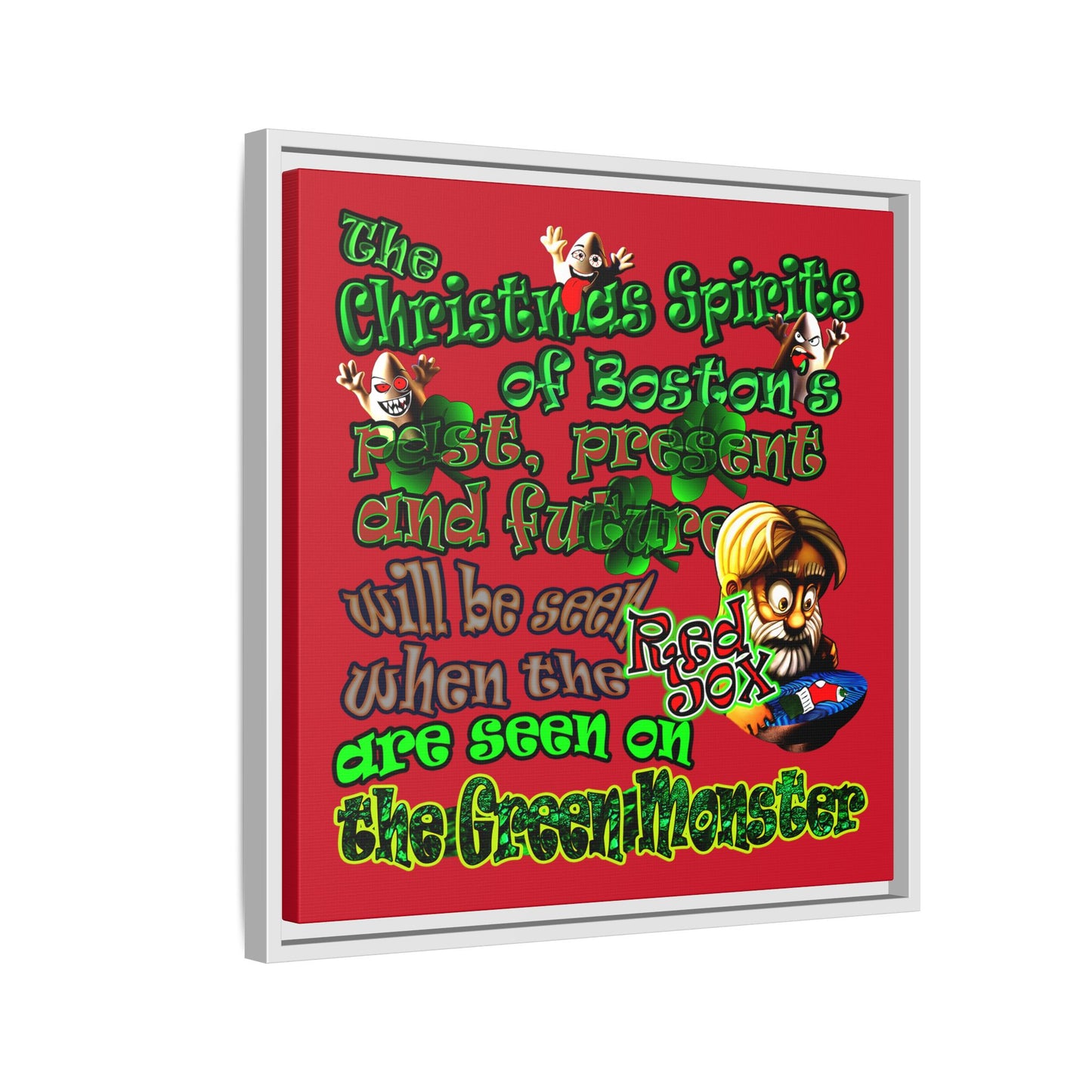 christmas spirits of boston - framed canvas art (dark red)