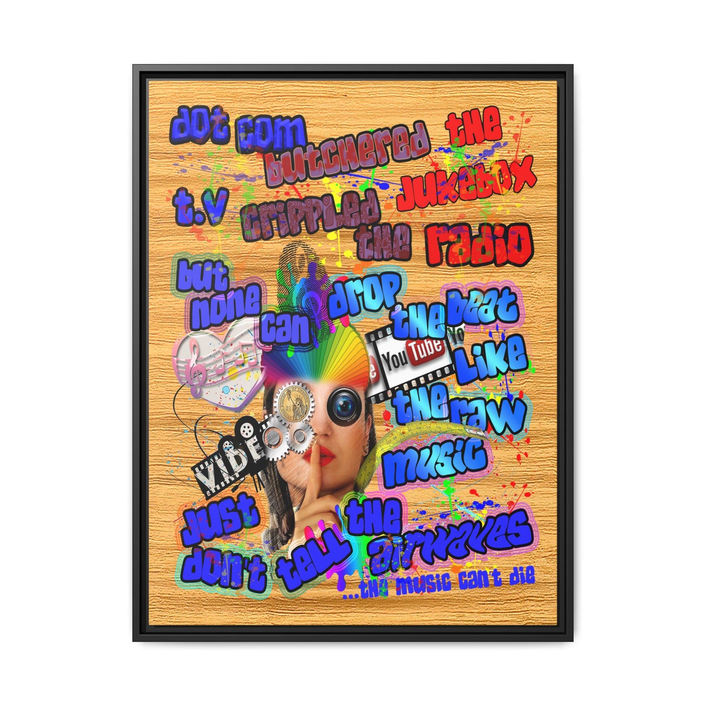 drop the beat - framed canvas art (butterscotch wood finish)