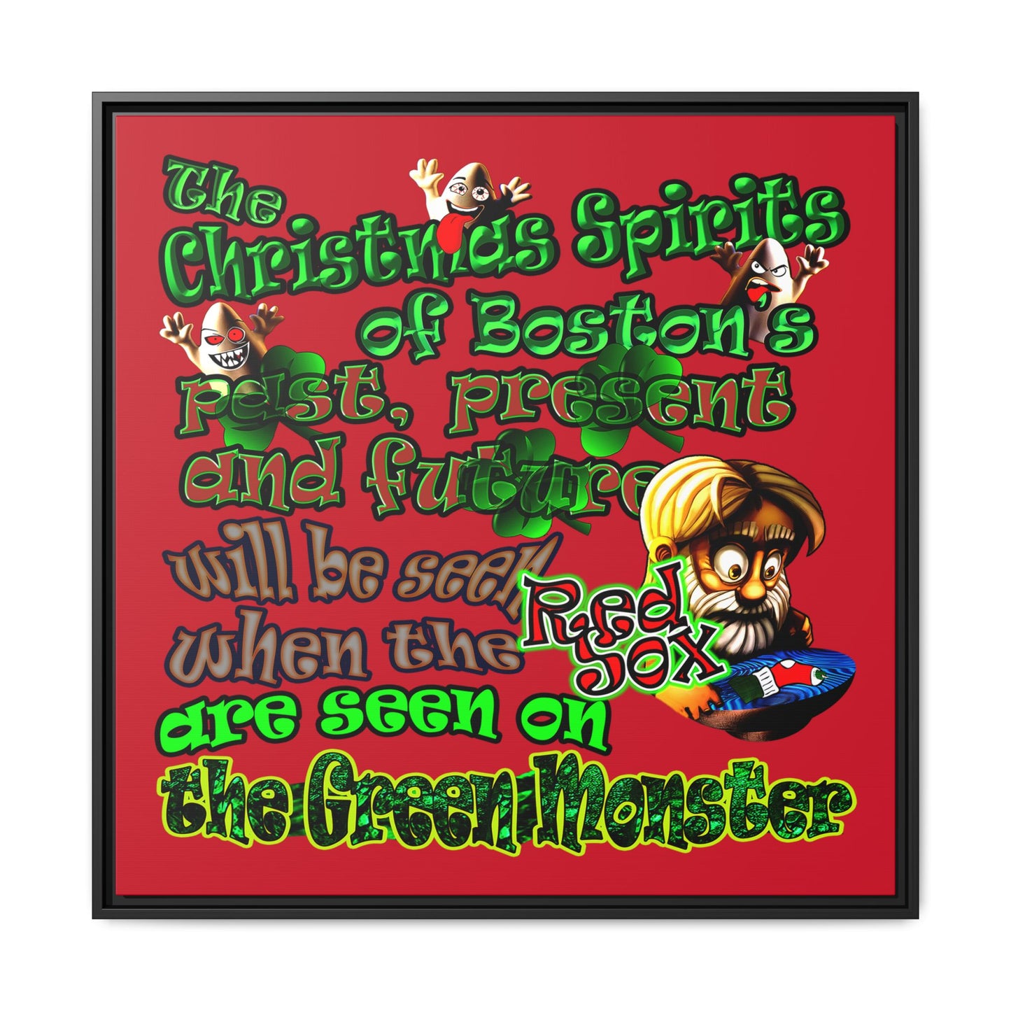 christmas spirits of boston - framed canvas art (dark red)