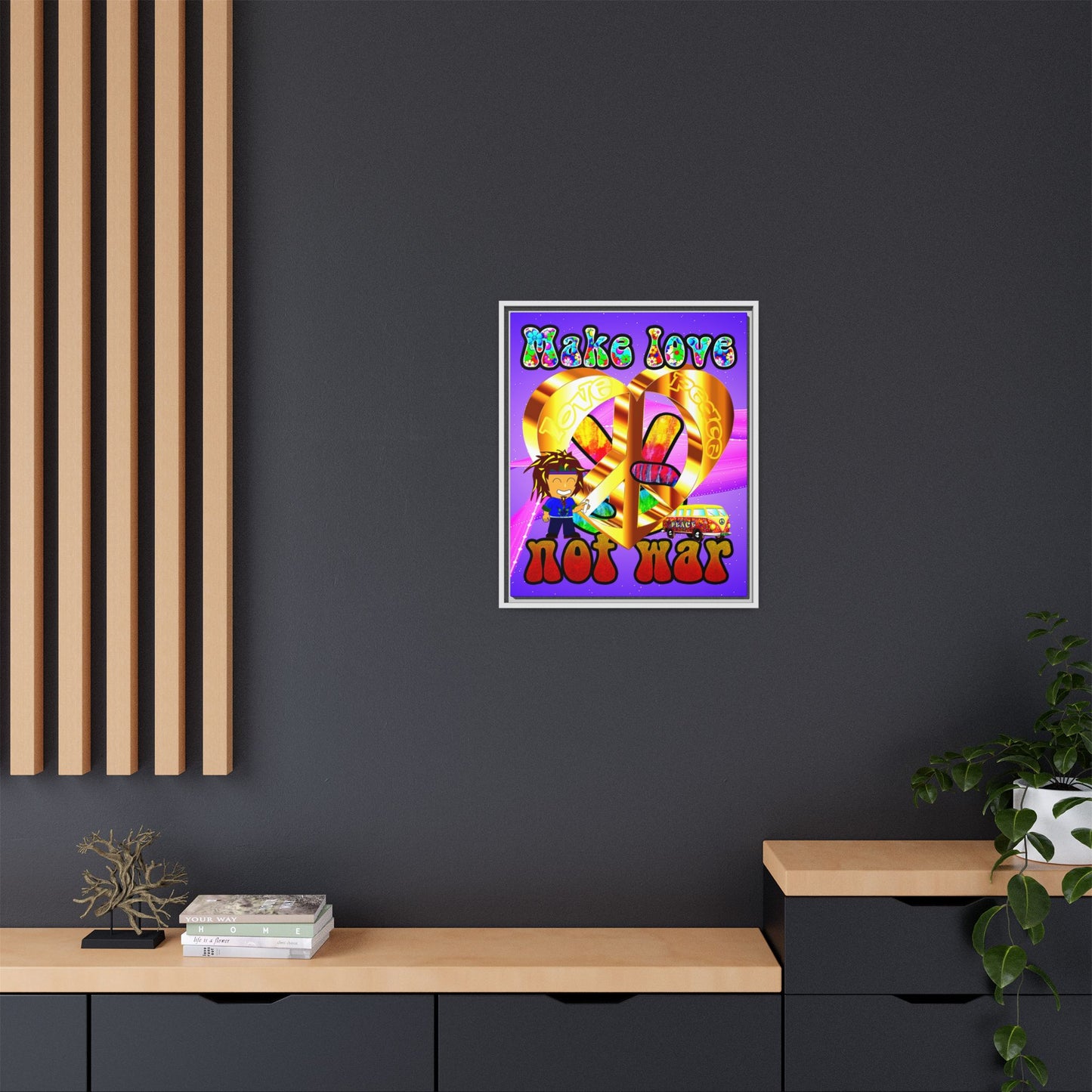 love peace - framed canvas art (purple-pink wave)