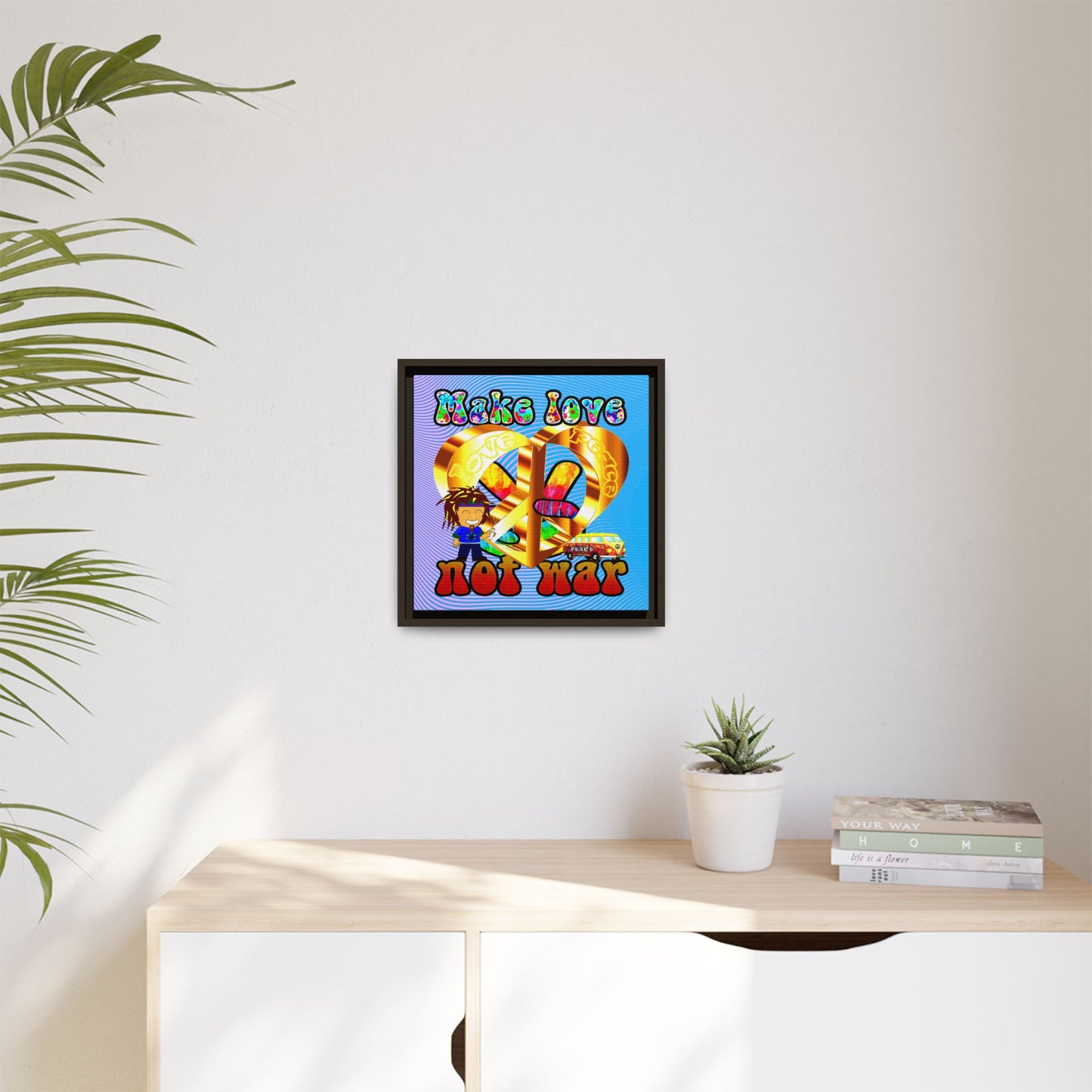 love peace - framed canvas art (light blue-purple wave)