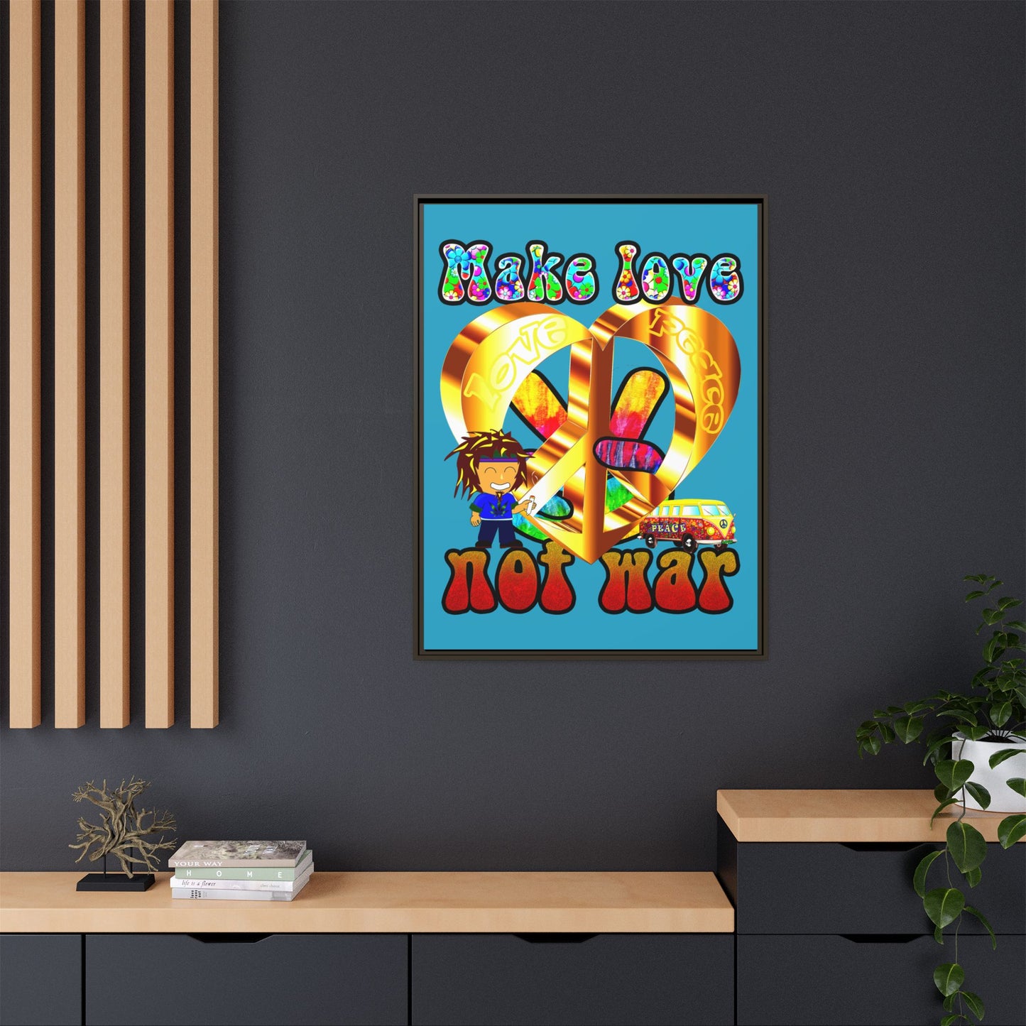 love peace - framed canvas art (turquoise)