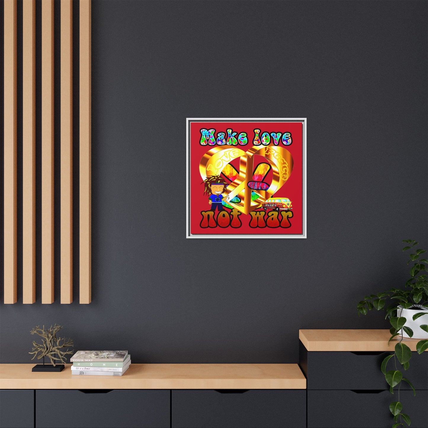love peace - framed canvas art (dark red)