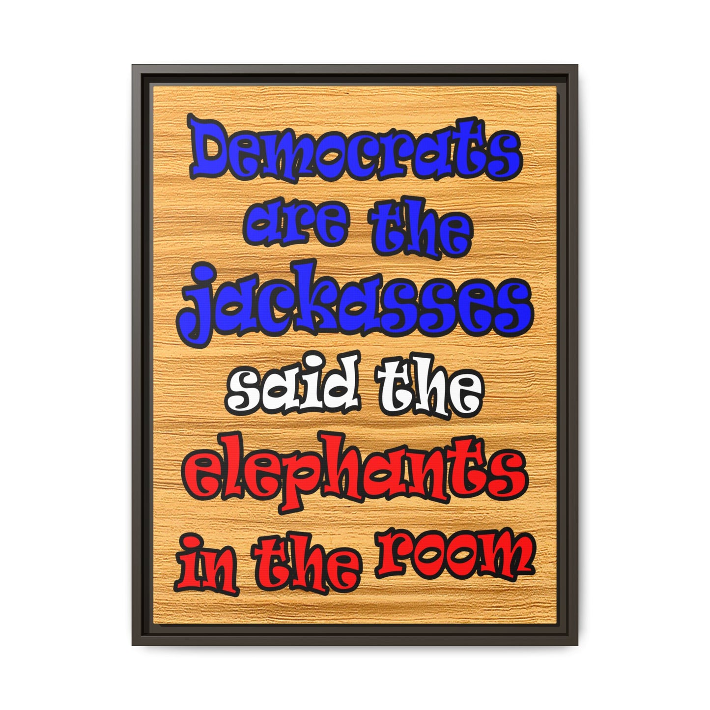 donkeys and elephants - framed canvas art (butterscotch wood finish)