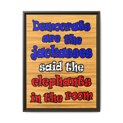 donkeys and elephants - framed canvas art (butterscotch wood finish)