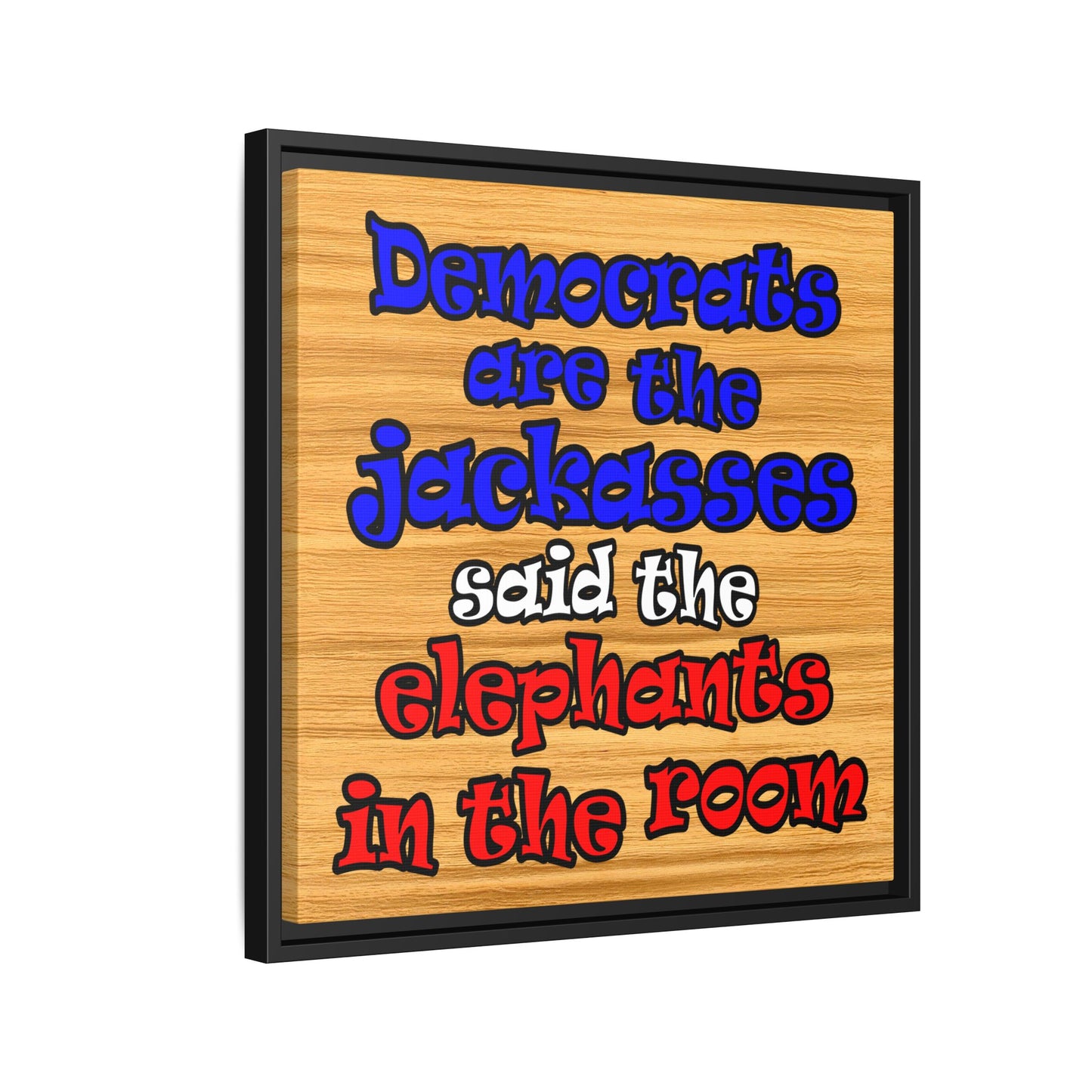 donkeys and elephants - framed canvas art (butterscotch wood finish)