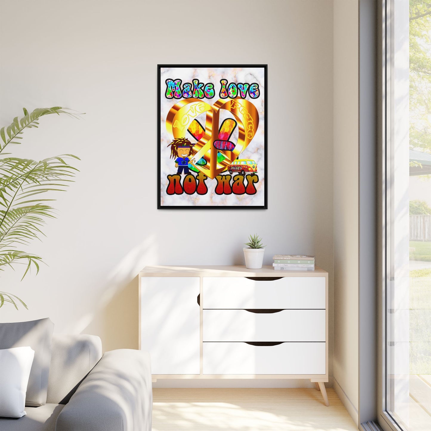 love peace - framed canvas art (white marble)