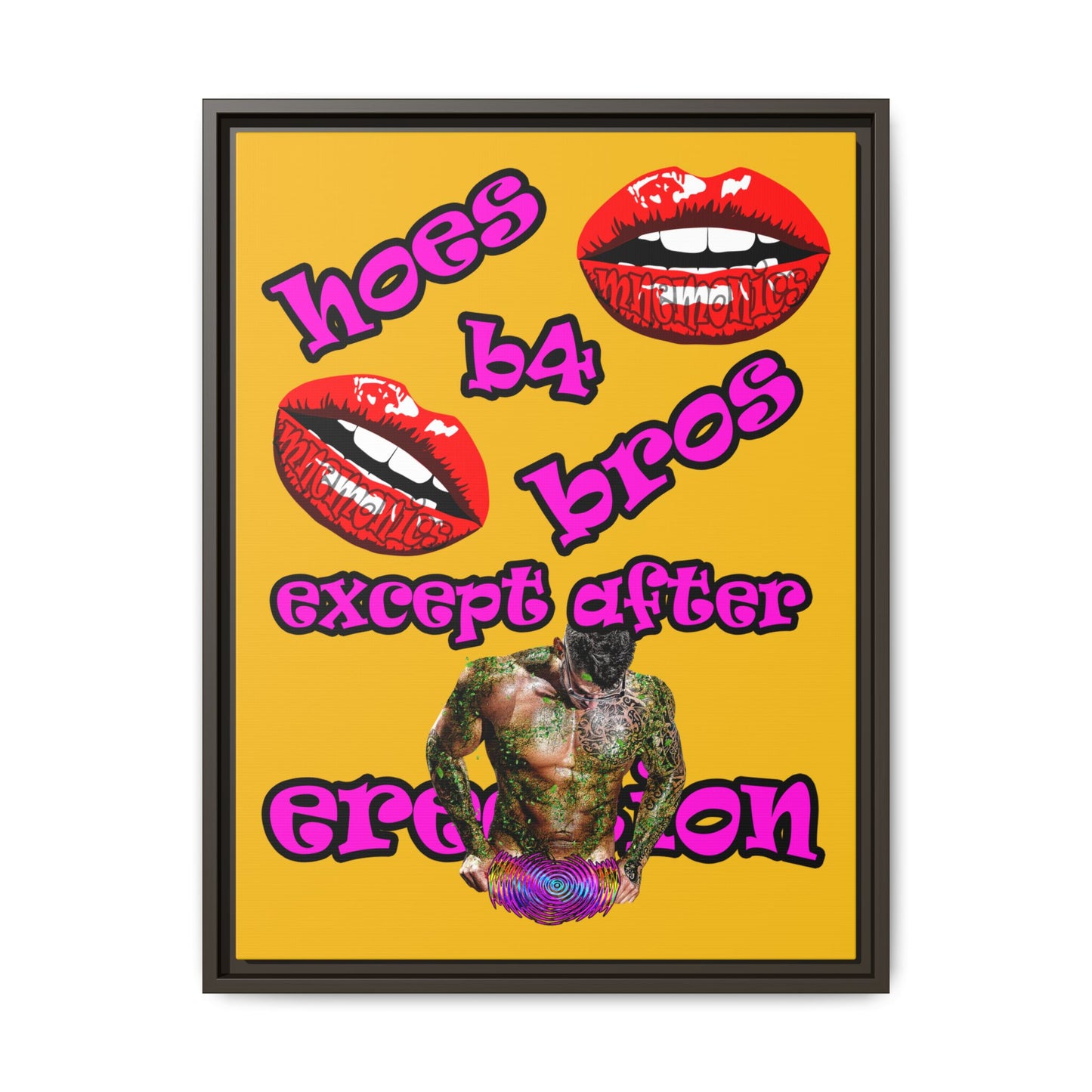 hoes b4 bros - framed canvas art (yellow)