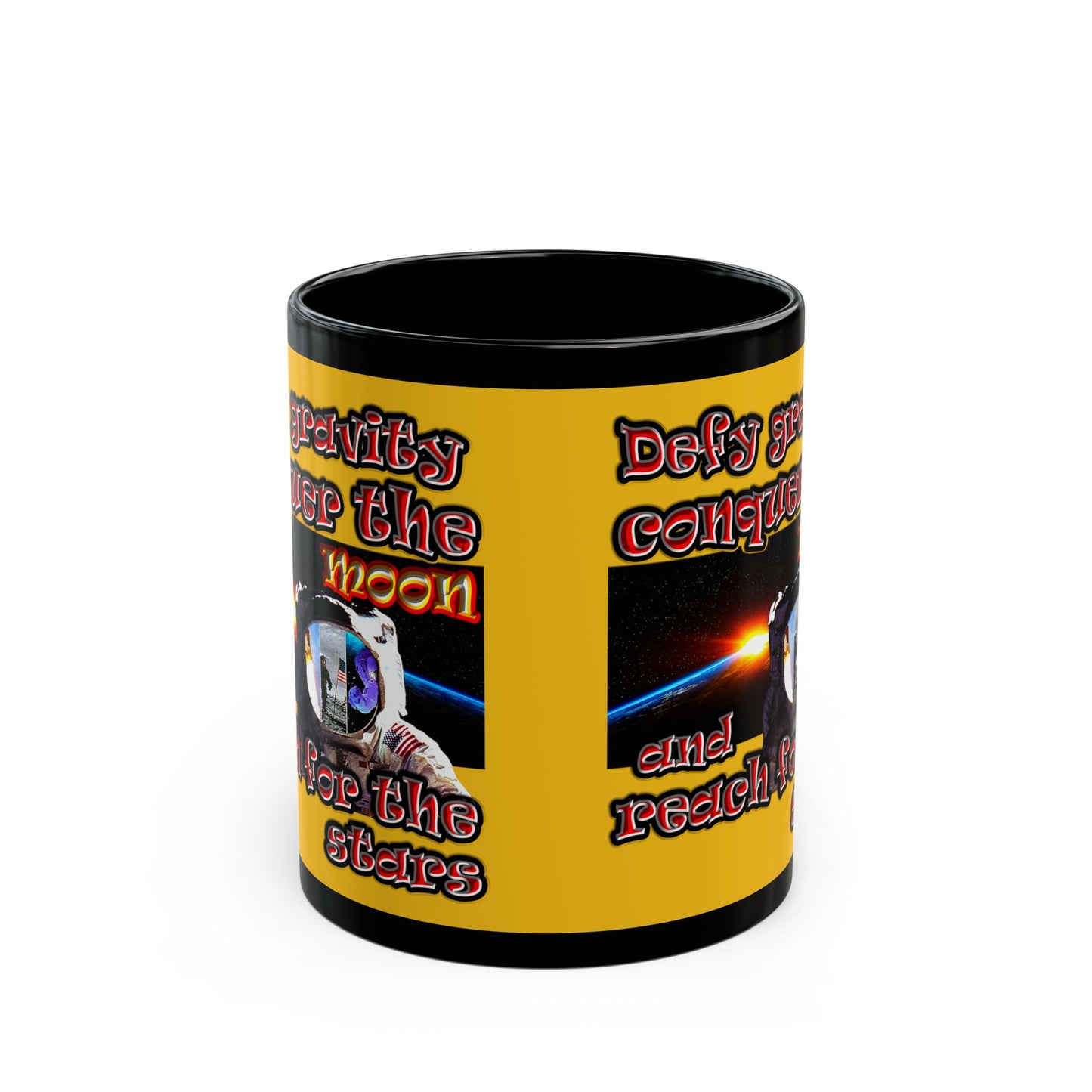 defy conquer reach - Black Mug (yellow)