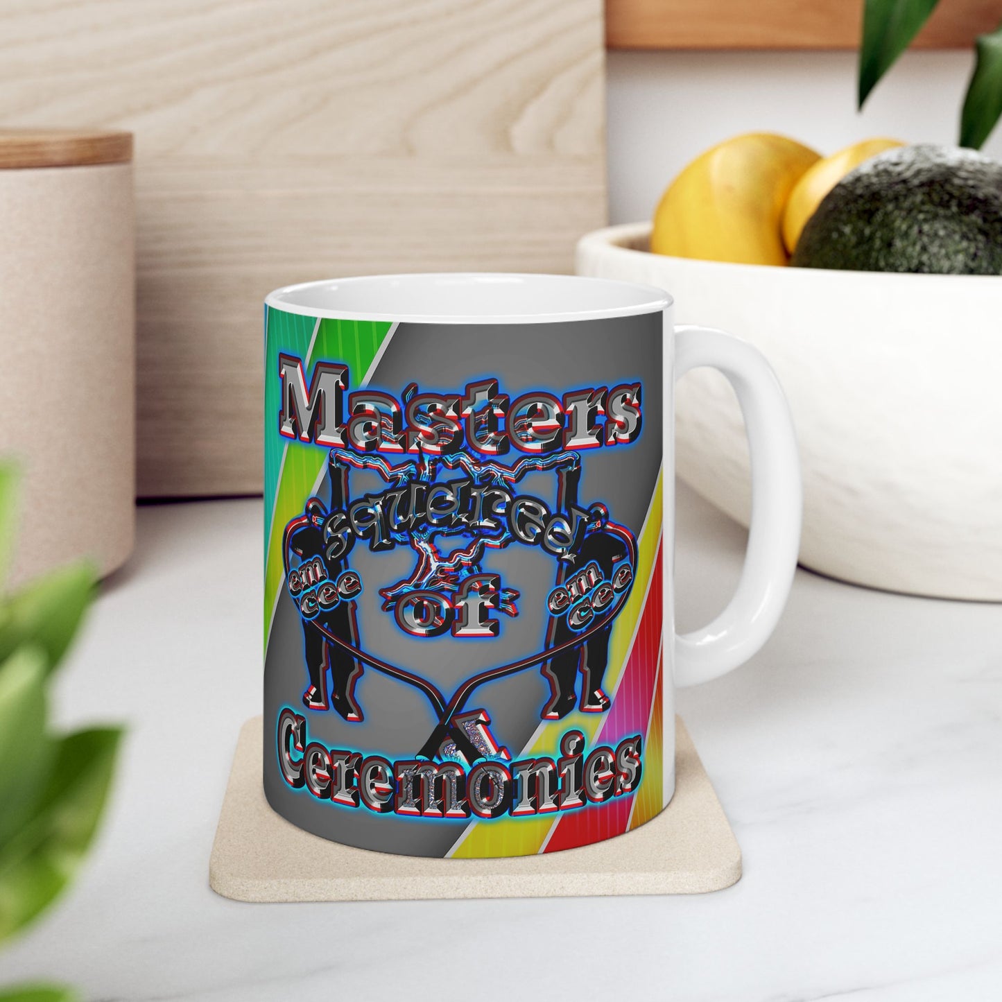 em cee squared - White Mug (rainbow split)