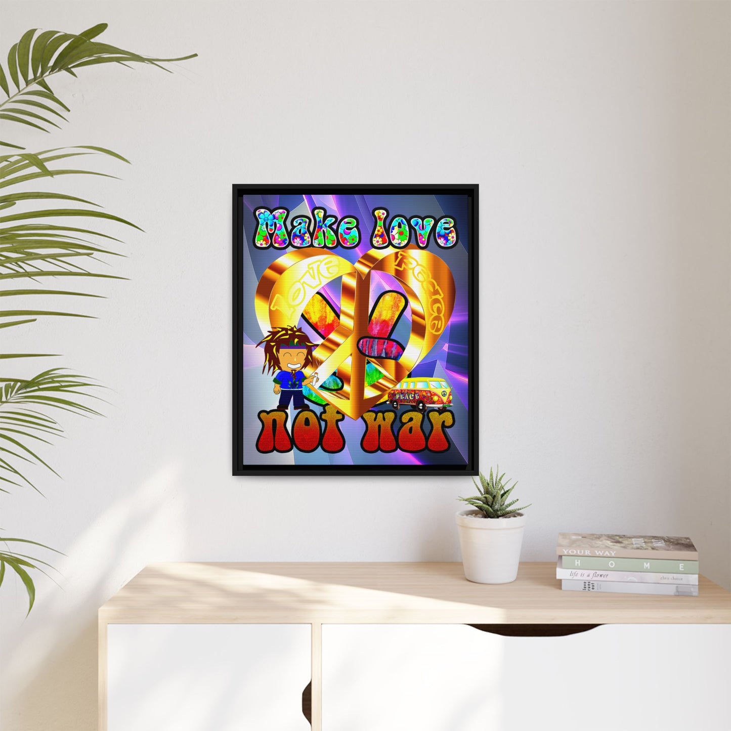 love peace - framed canvas art (grey-pink wave)