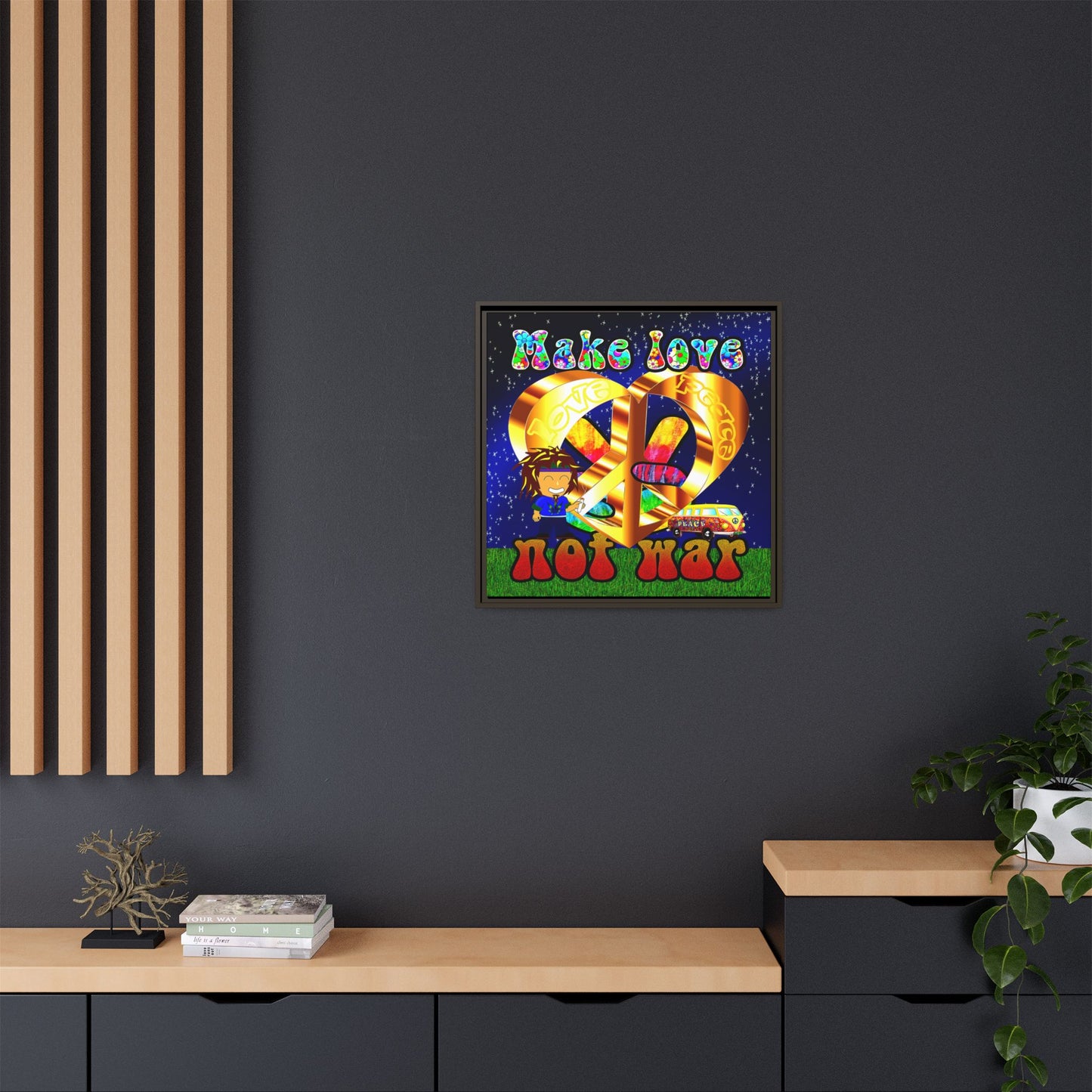 love peace - framed canvas art ('snoops' background)