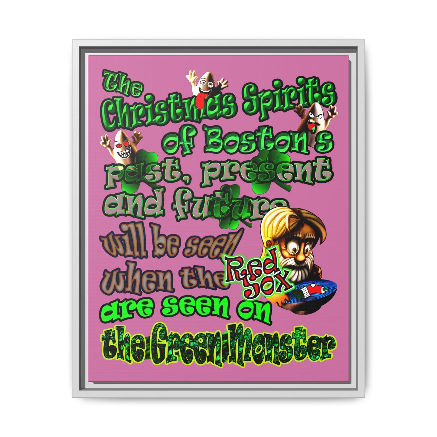 christmas spirits of boston - framed canvas art (light pink)