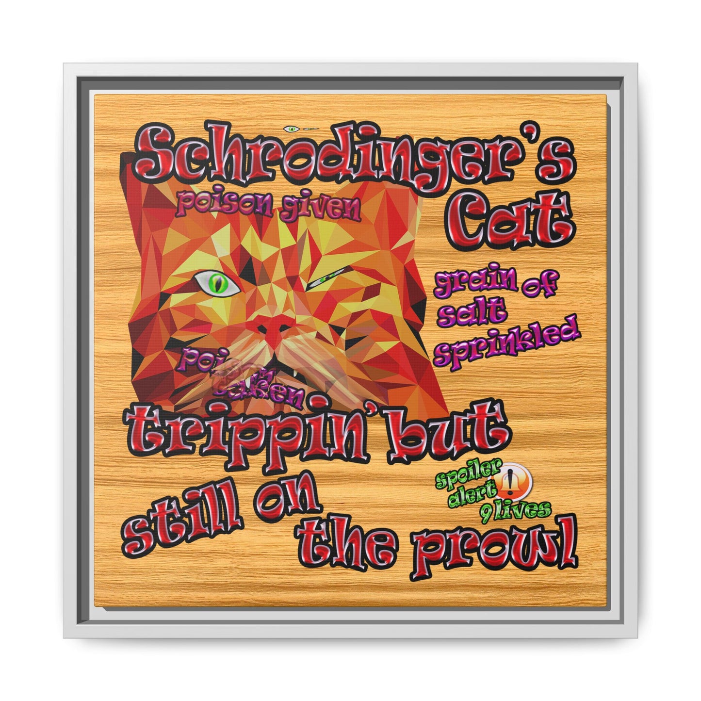 schrodinger's cat - framed canvas art (butterscotch wood finish)