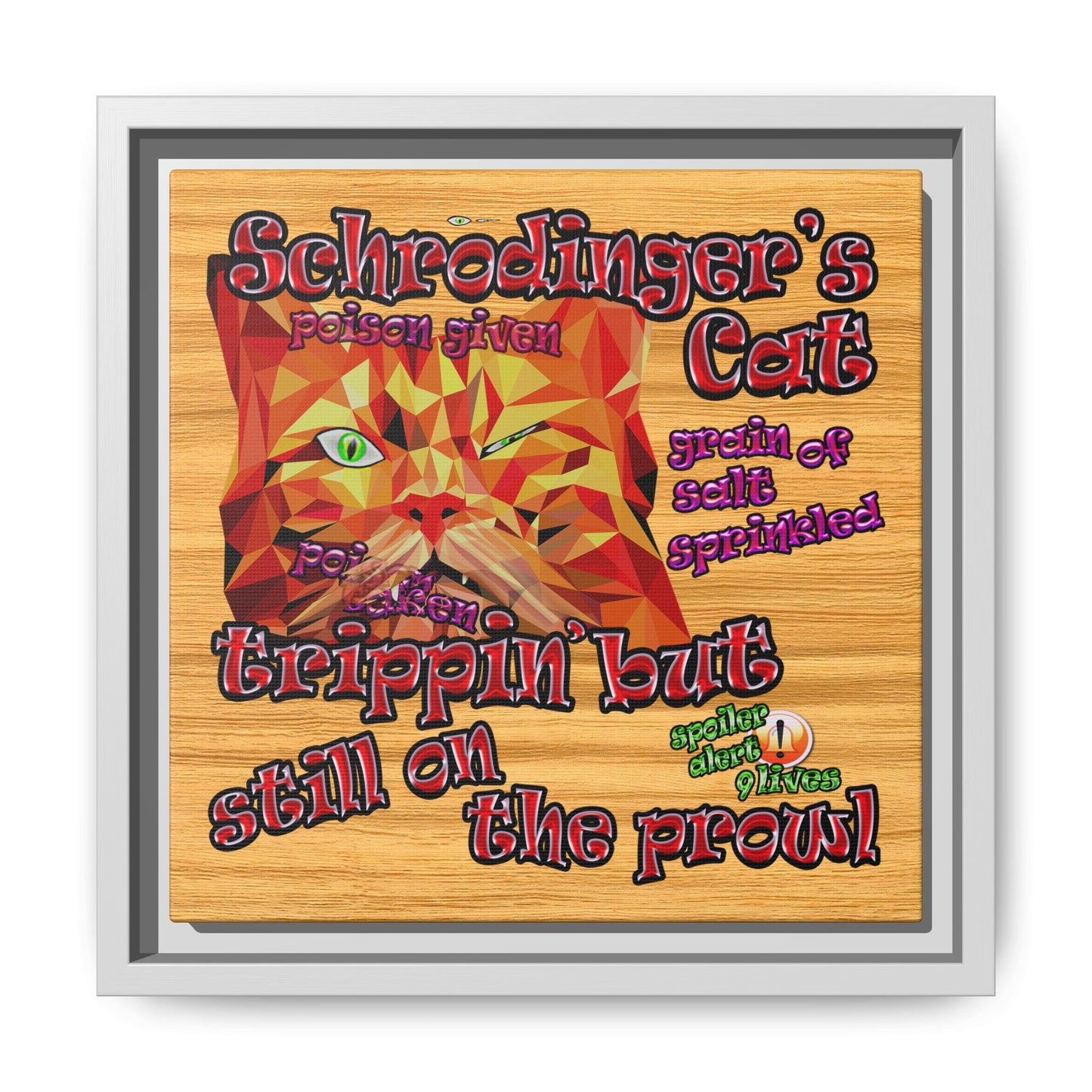 schrodinger's cat - framed canvas art (butterscotch wood finish)