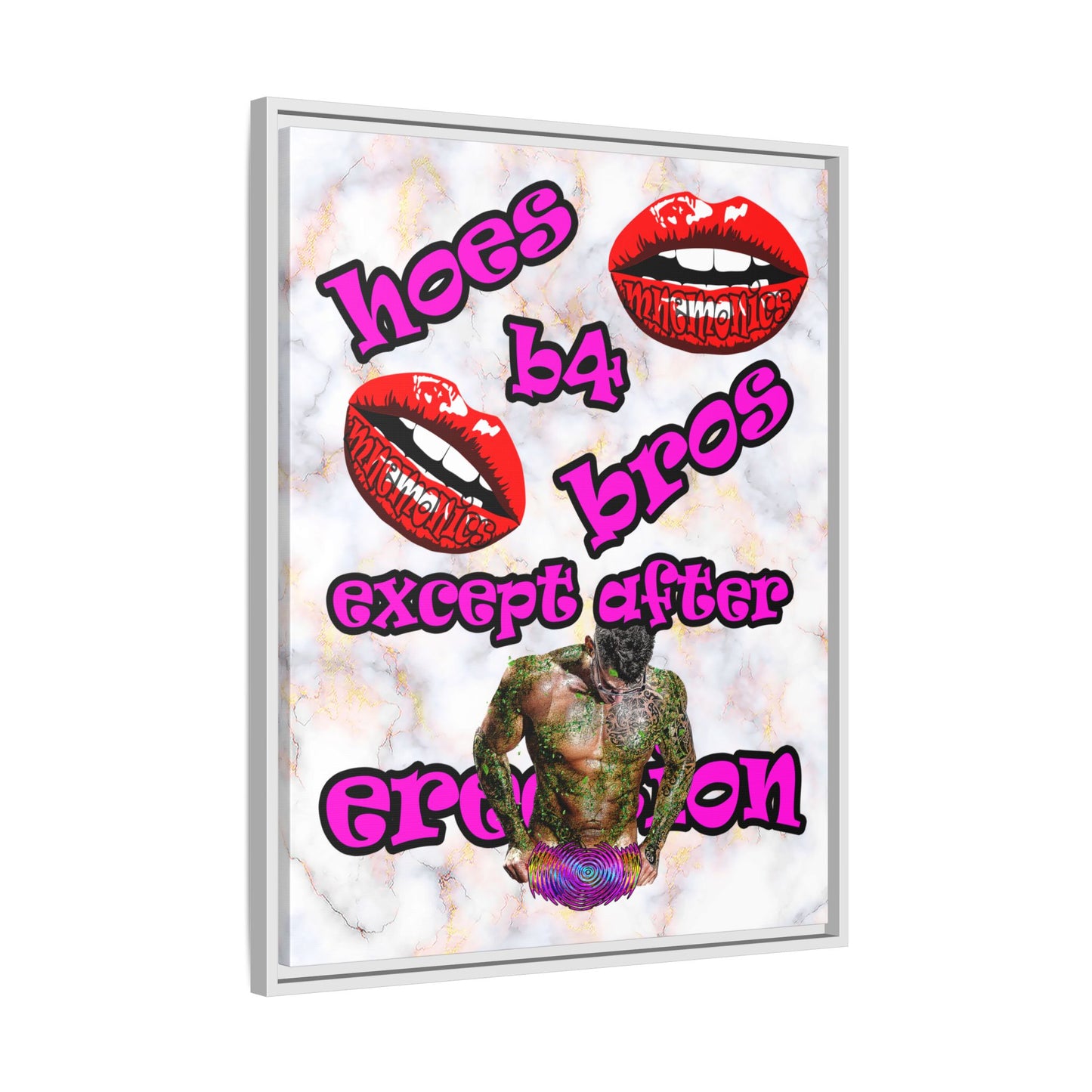 hoes b4 bros - framed canvas art (white marble)