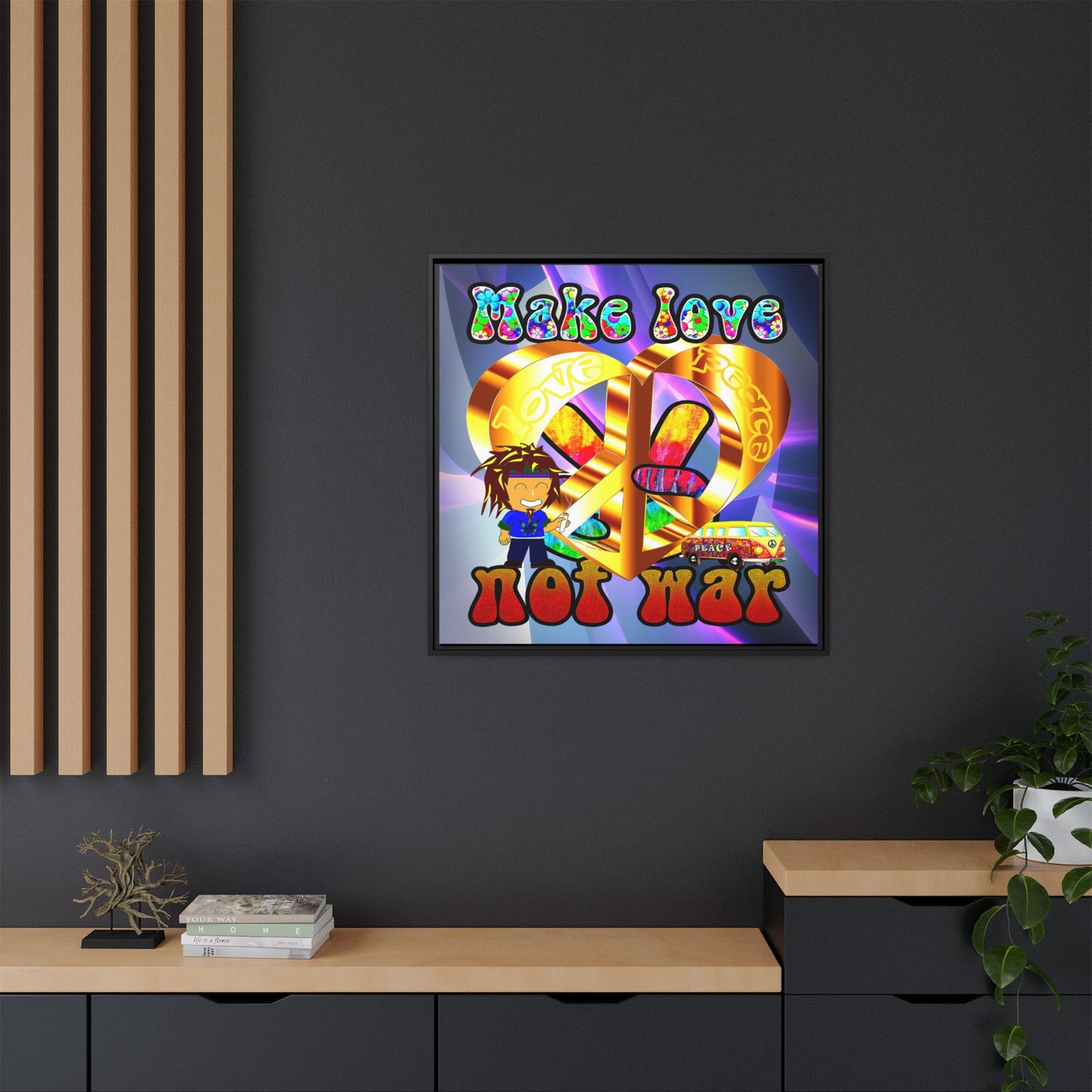 love peace - framed canvas art (grey-pink wave)