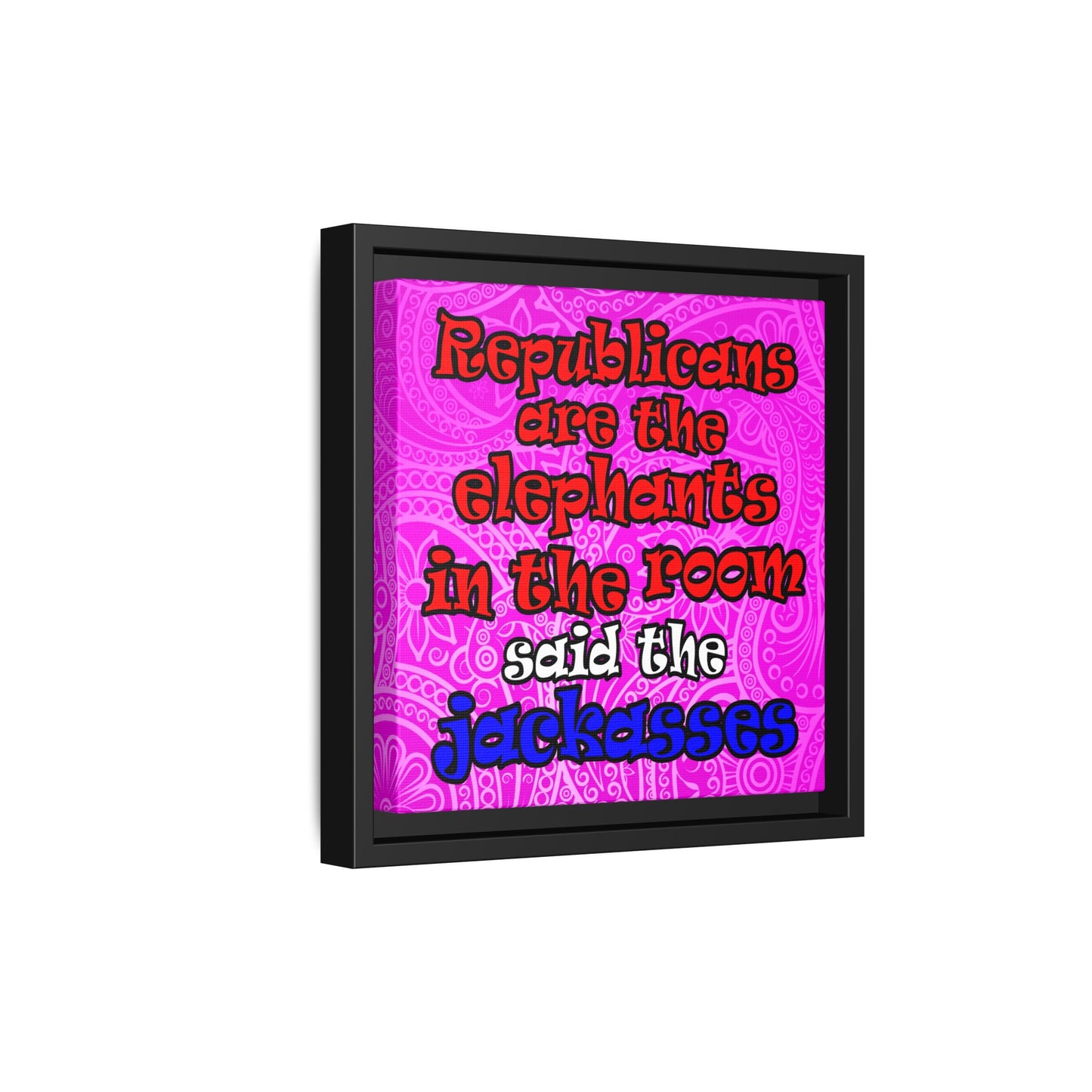 donkeys and elephants - framed canvas art (pink swirl)