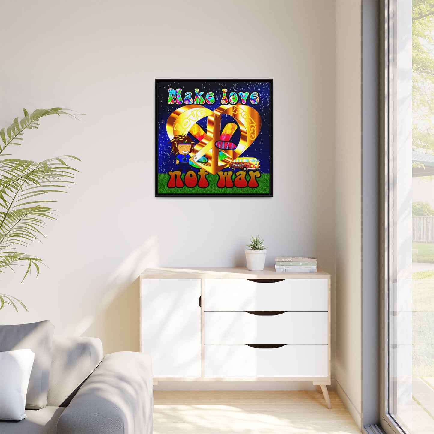love peace - framed canvas art ('snoops' background)