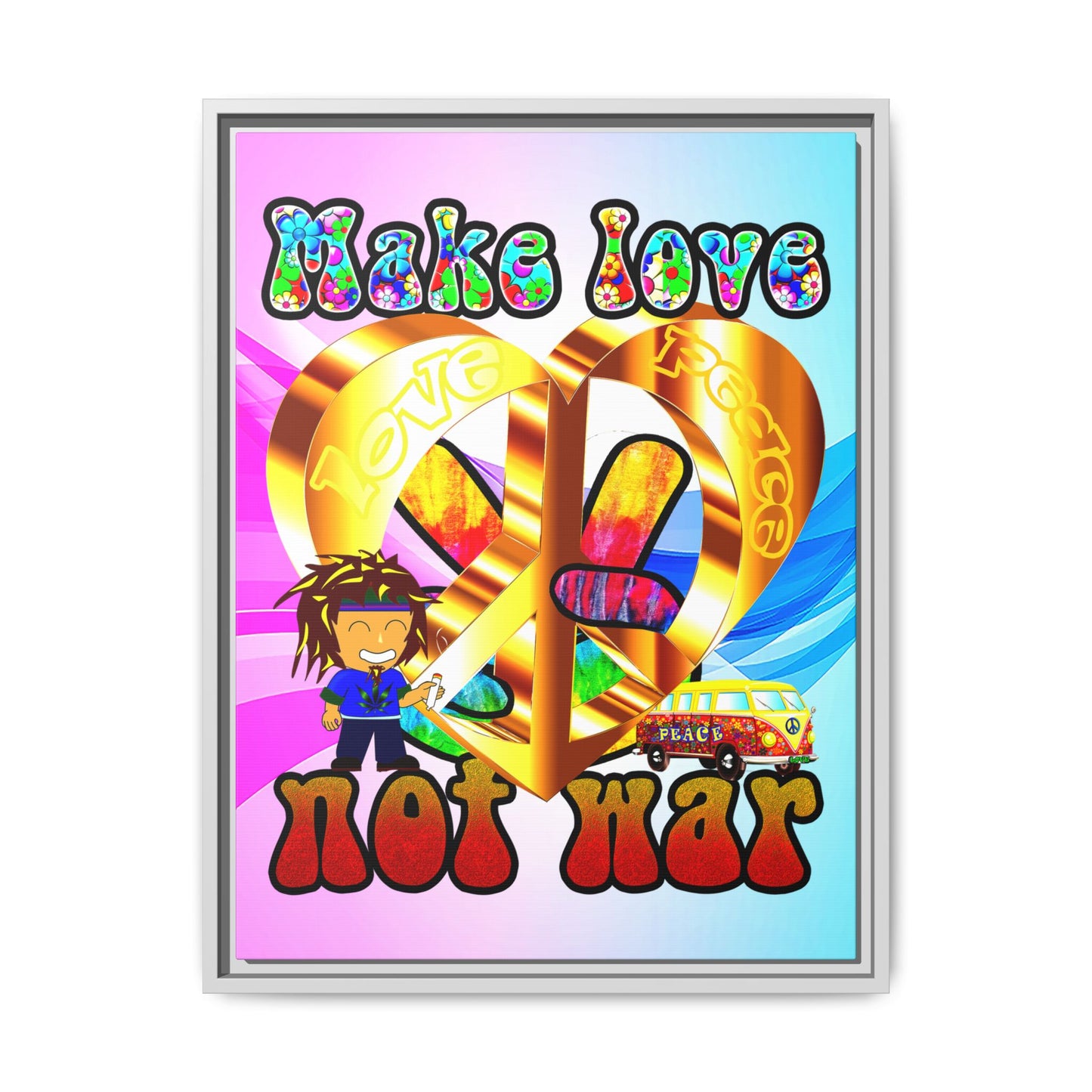 love peace - framed canvas art (light blue-pink wave)