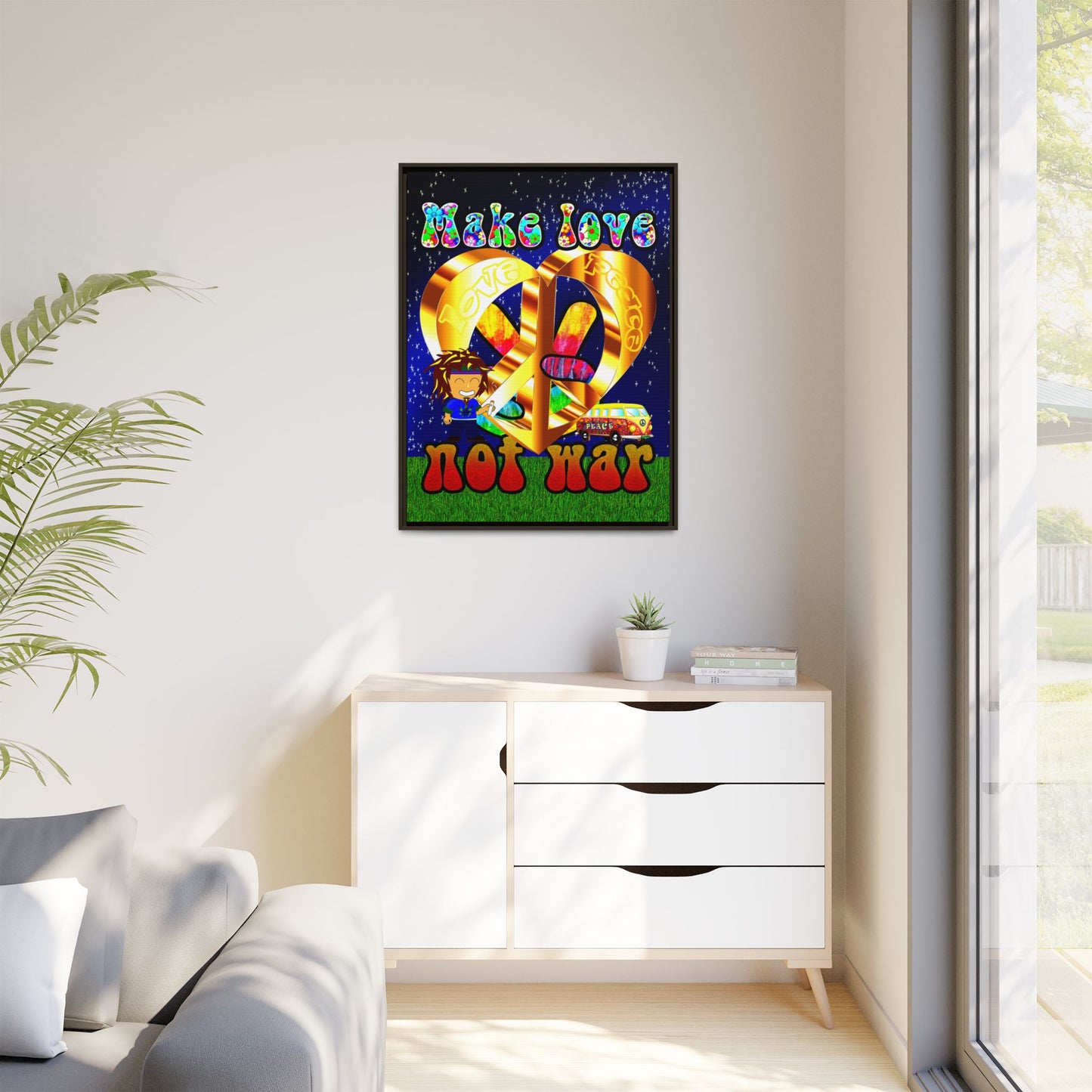 love peace - framed canvas art ('snoops' background)