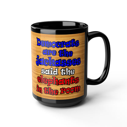 donkeys and elephants - Black Mug (butterscotch wood finish)