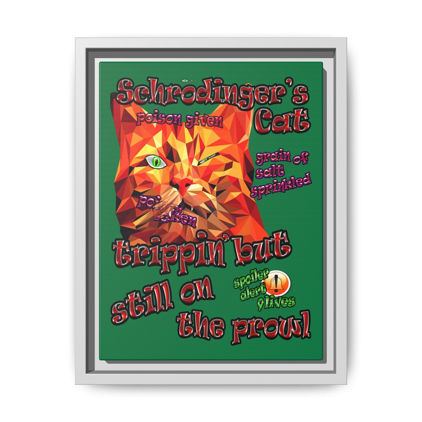 schrodinger's cat - framed canvas art (dark green)