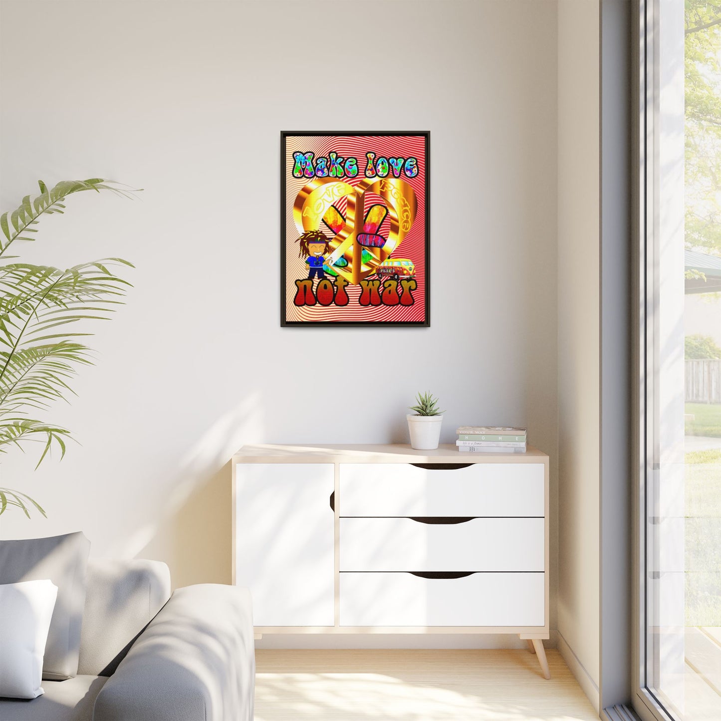 love peace - framed canvas art (yellow-orange wave)
