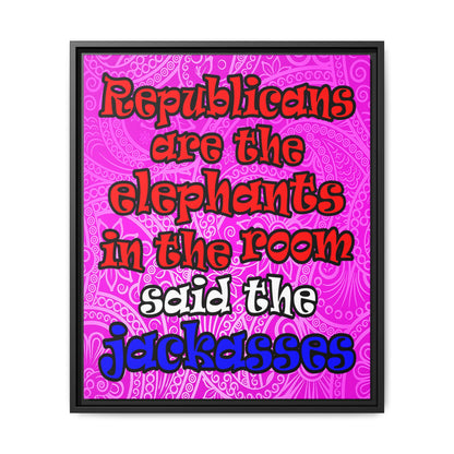 donkeys and elephants - framed canvas art (pink swirl)