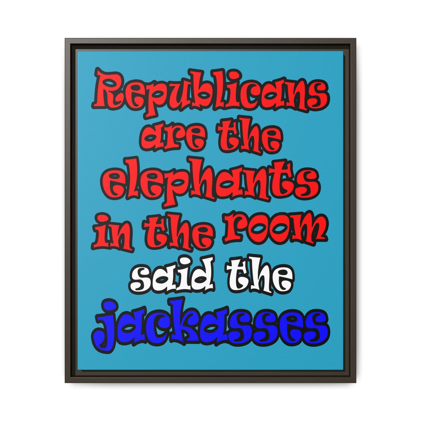 donkeys and elephants - framed canvas art (turquoise)