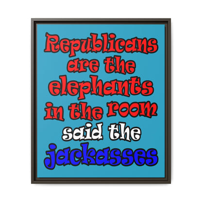 donkeys and elephants - framed canvas art (turquoise)