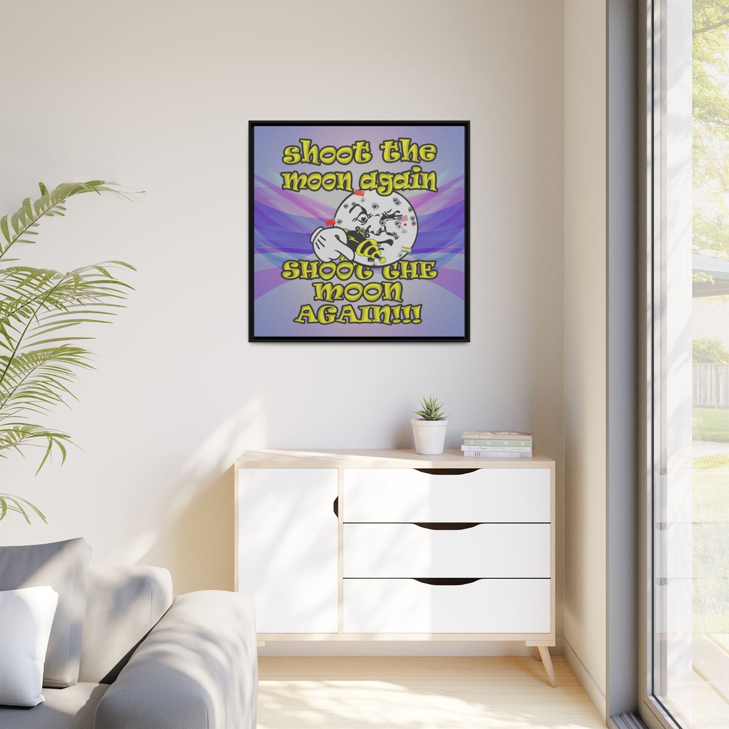 shoot the moon again - framed canvas art (light blue-pink wave)