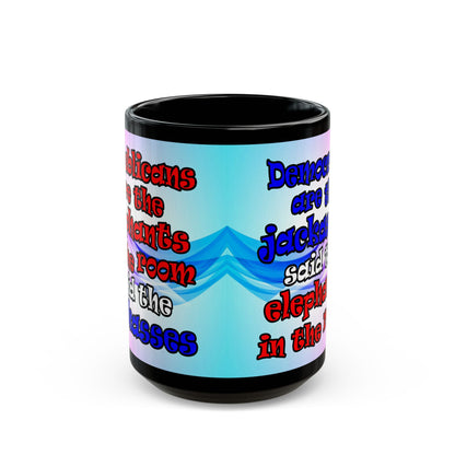 donkeys and elephants - Black Mug (light blue-pink wave)