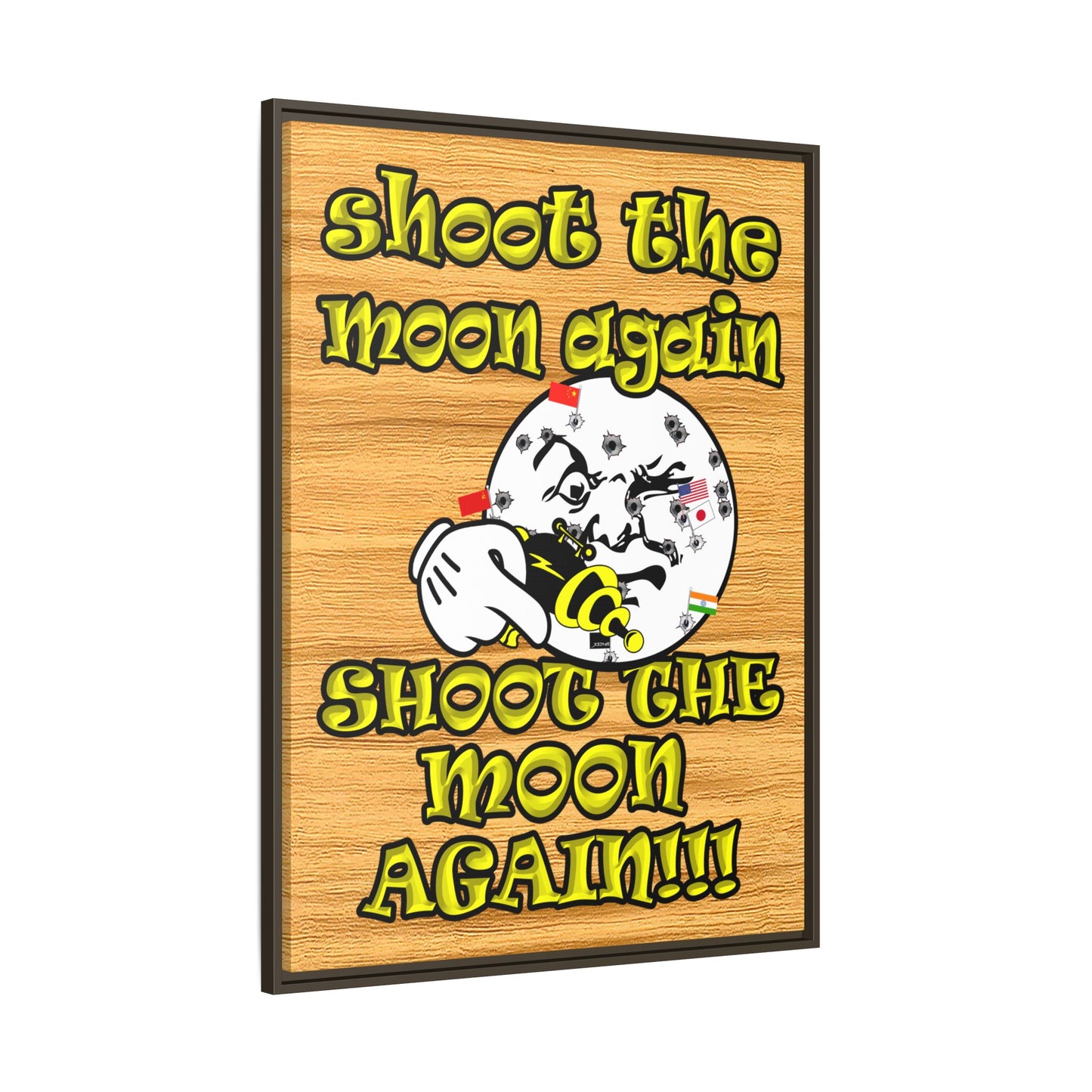 shoot the moon again - framed canvas art (butterscotch wood finish)