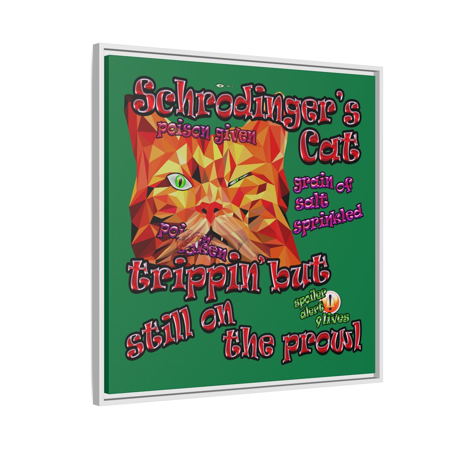 schrodinger's cat - framed canvas art (dark green)
