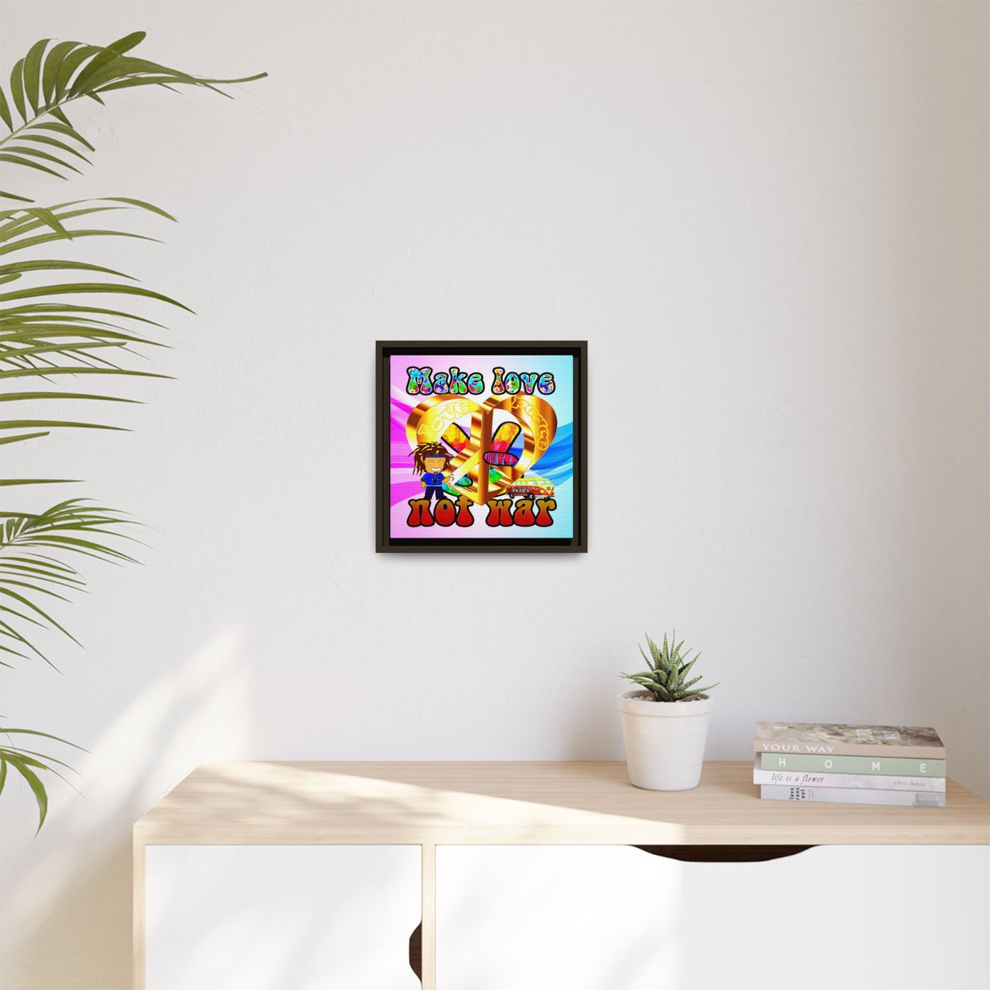 love peace - framed canvas art (light blue-pink wave)