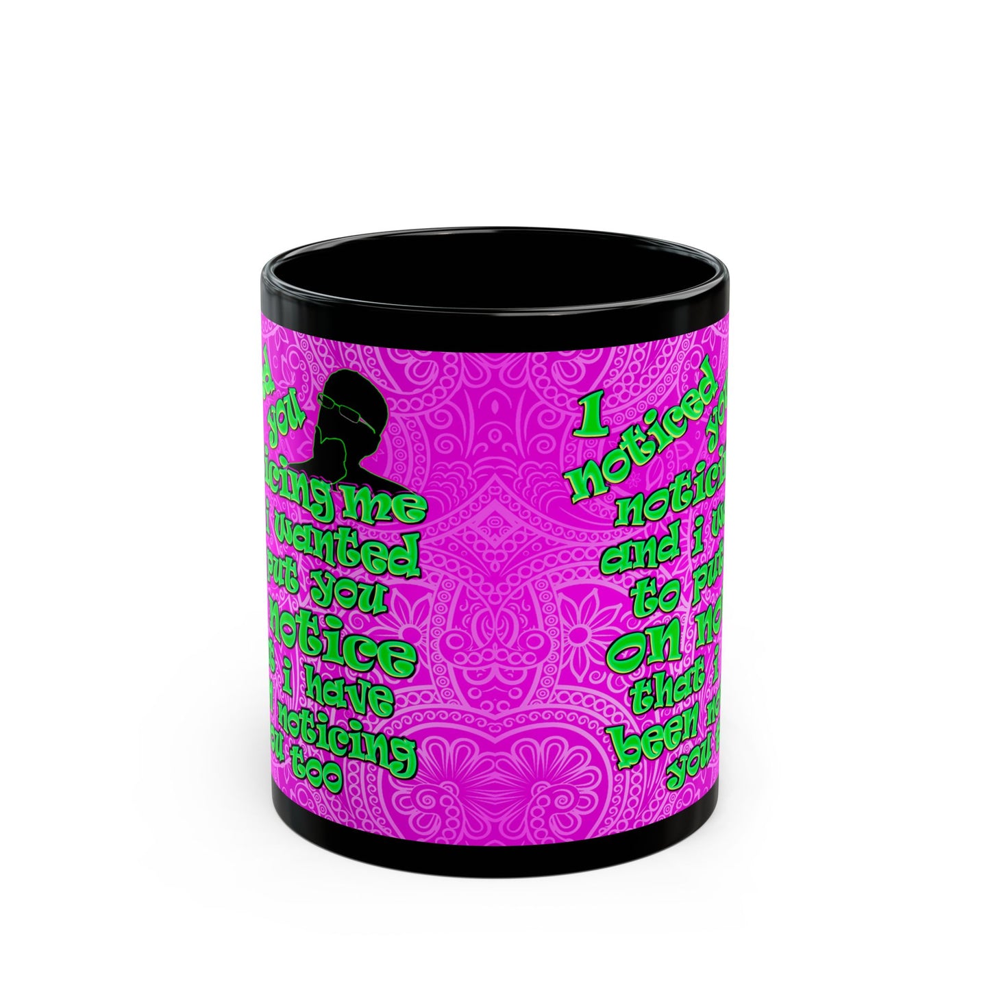noticed you noticing - Black Mug (pink swirl)