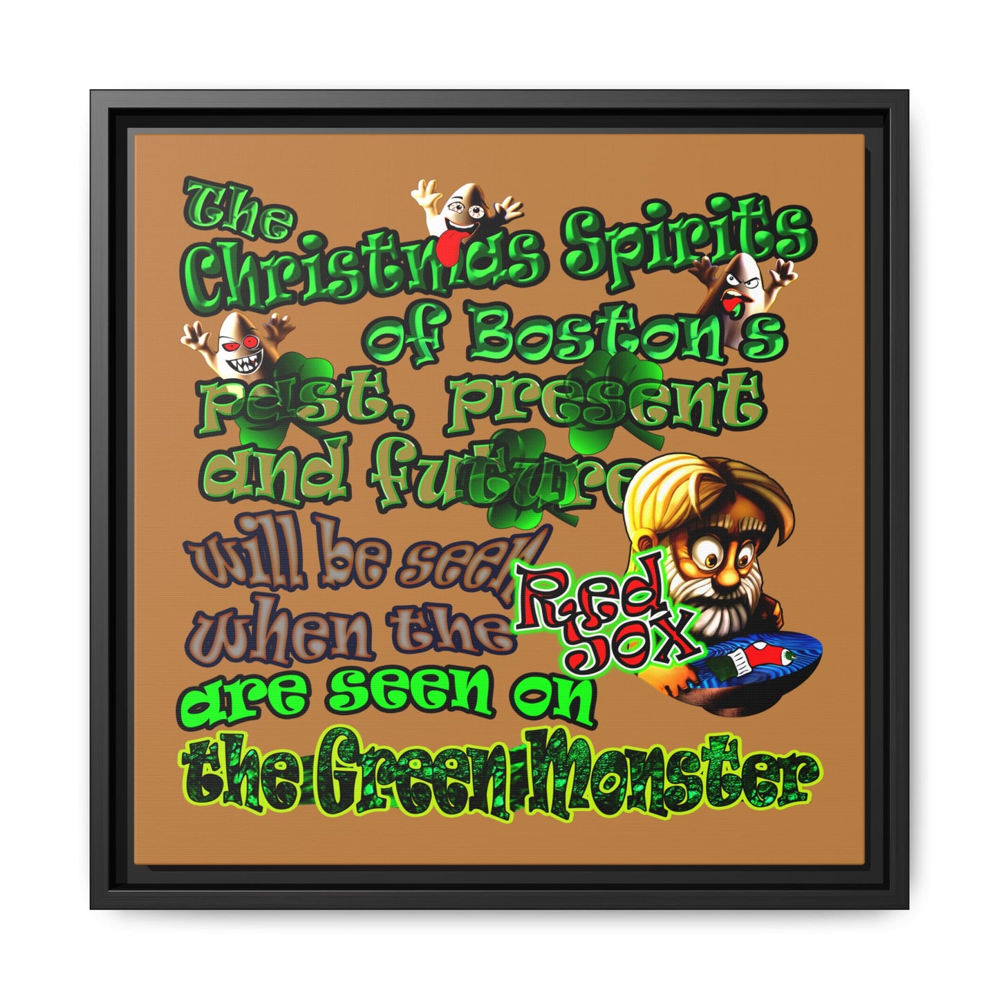 christmas spirits of boston - framed canvas art (light brown)